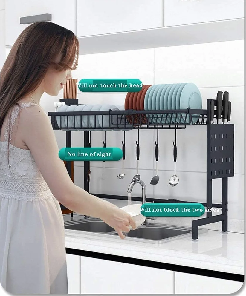 Escurridor de Platos para Cocina, Escurridor de Platos, Escurridor de Platos de Acero Inoxidable Ajustable de una Sola Capa con Soporte para Utensilios Y Palillos, Cesta de Almacenamiento con Ganchos