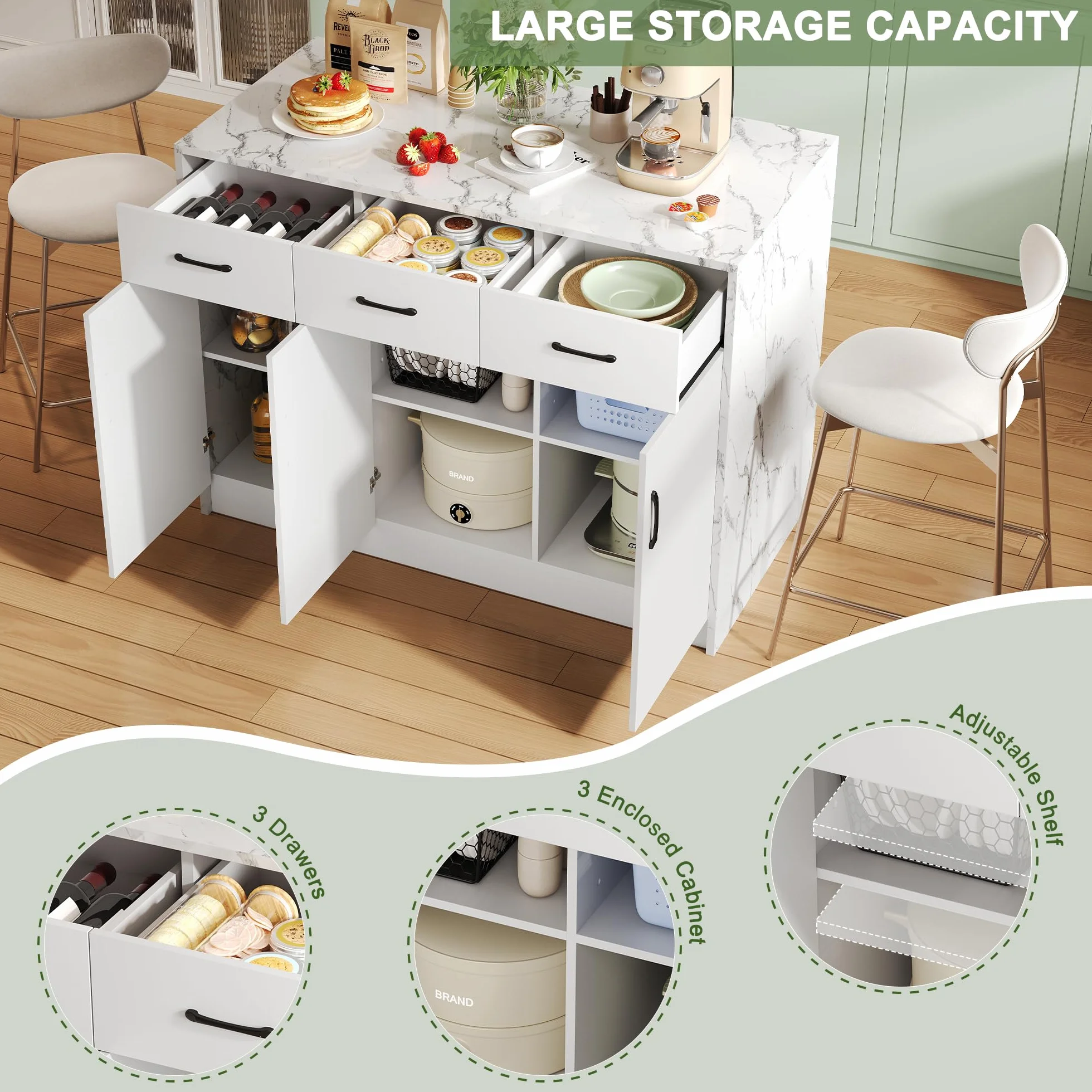 Isla de cocina grande 120 x 60 x 90,5 cm, 3 cajones y 3 puertas, diseño de mármol blanco, estantes ajustables, cajones silenciosos, diseño de área de bar - Utensilios de cocina elegantes y prácticos