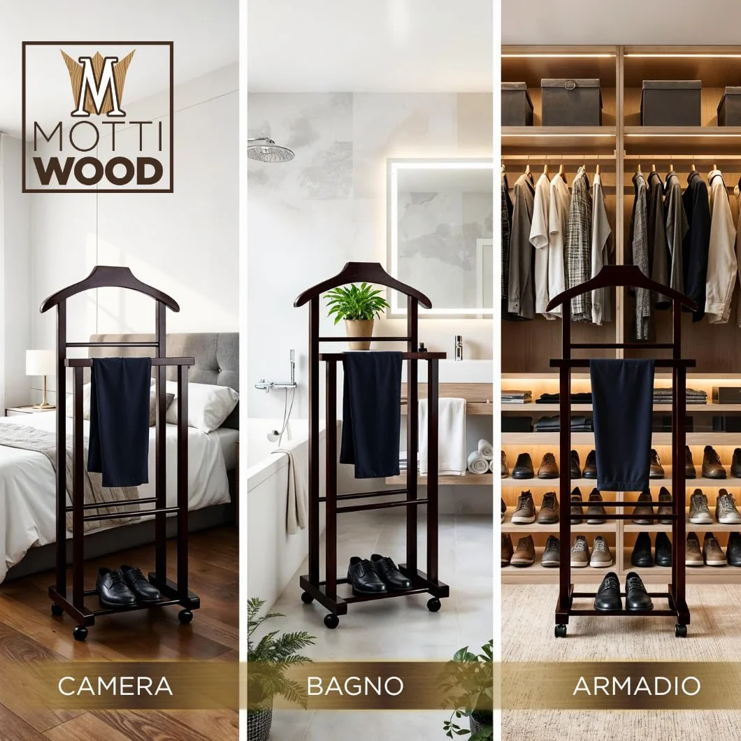 Juego de 2 percheros para dormitorio, color nogal, madera de haya natural, servo mudo doble con 4 ruedas, fabricado en Italia (2 unidades)
