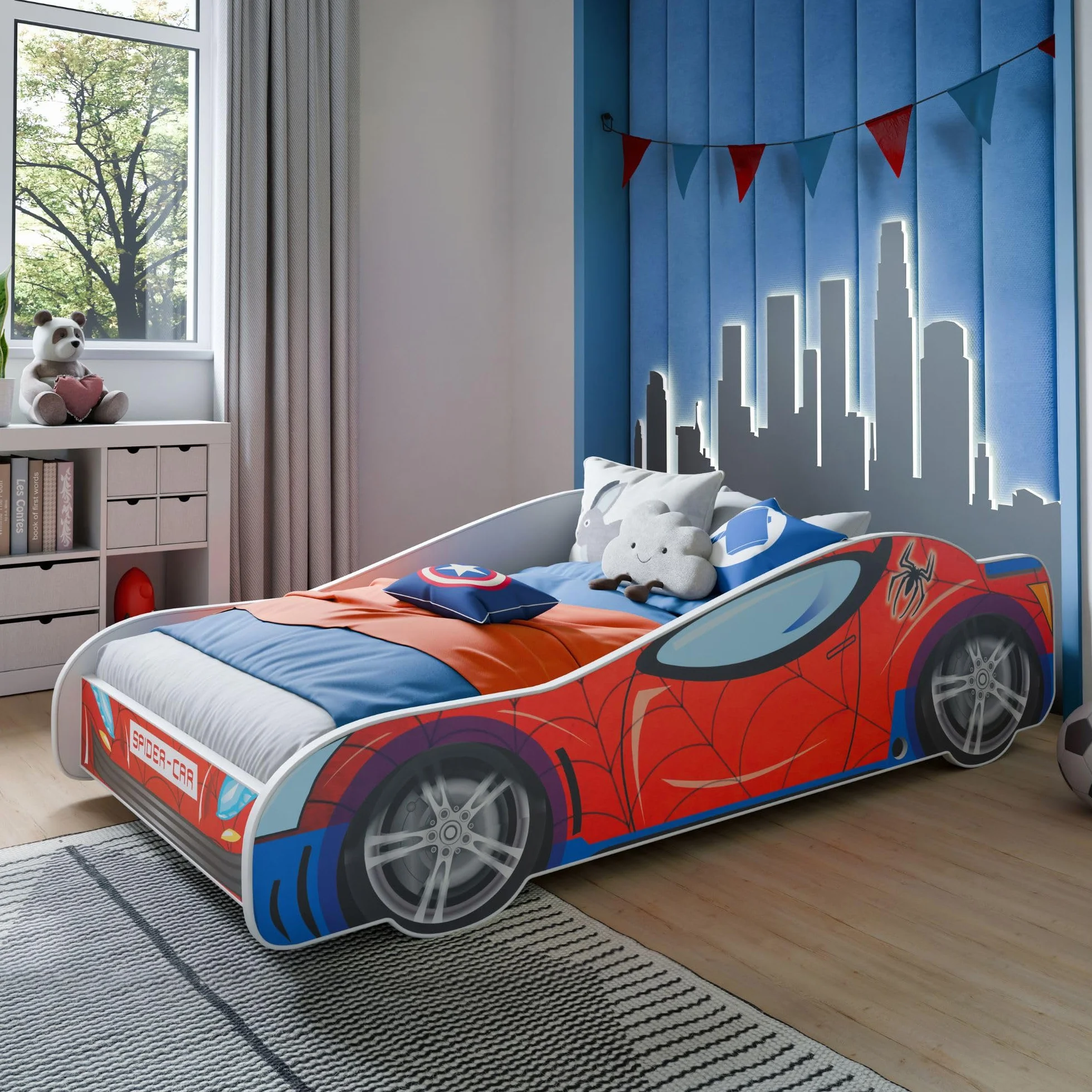 KOBI Cama Infantil Carro Anticaída | Coche Araña Spiderman 140x70cm | Juvenil Con Colchón | Para Niños y Niñas | Individual de Coche