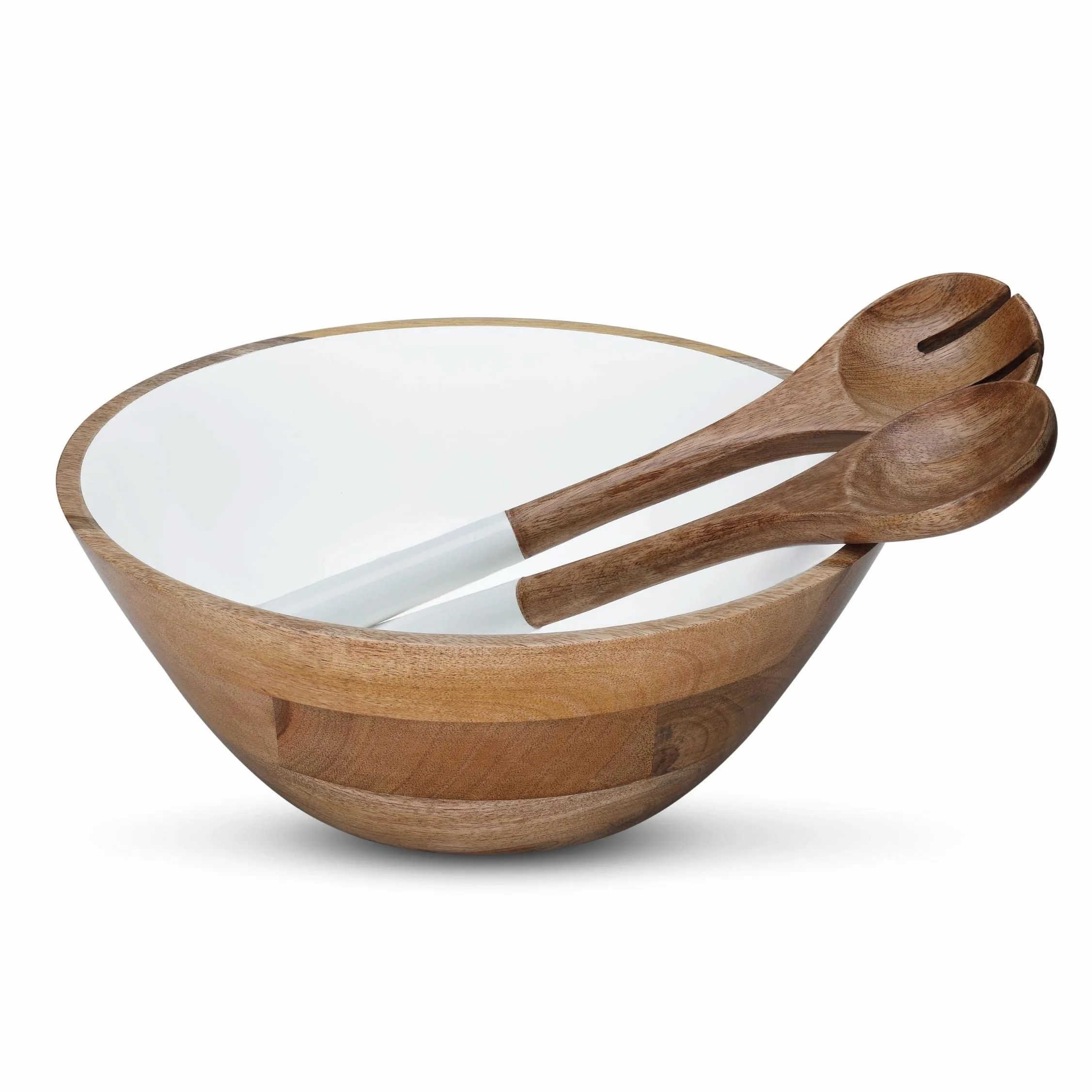 Folkulture Cuencos de ensalada o cuencos de madera con ensaladera, tazón grande para servir o fruta, juego de ensalada de madera para mezclar o lanzar, madera de mango, blanco