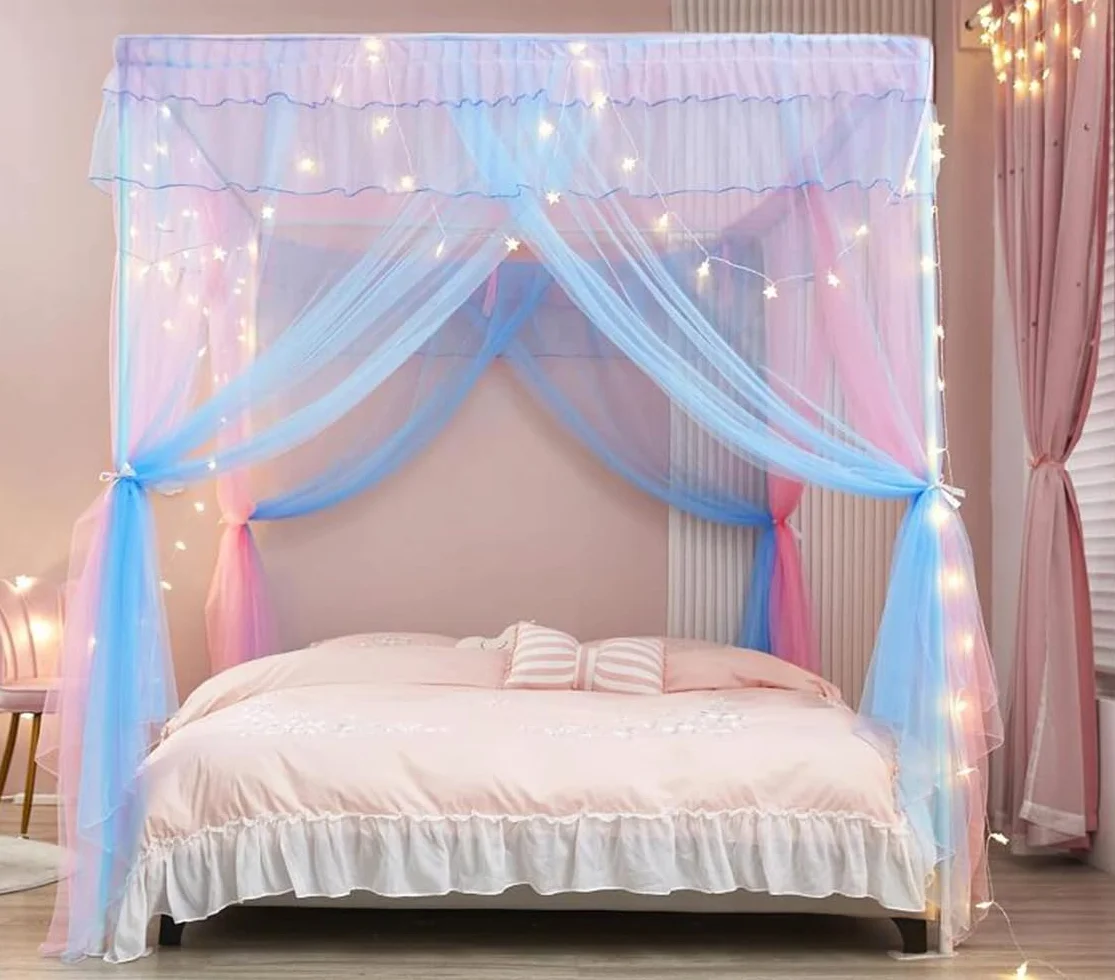 Cortinas con dosel de princesa para niñas, mosquitera, accesorios de decoración de dormitorio (arcoíris, King, 1 toldo de cama + marco de toldo)