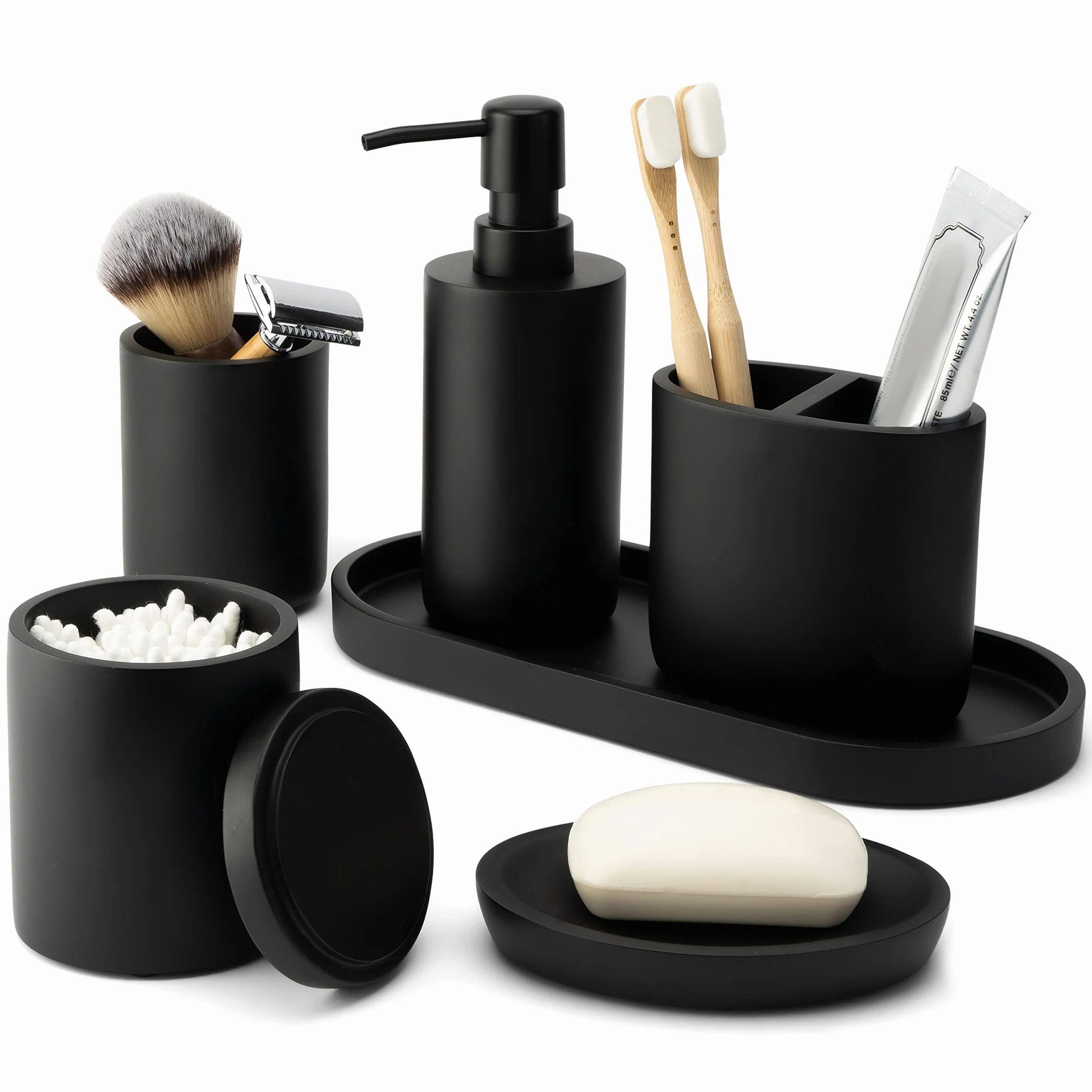 Juego de 6 accesorios de baño de, color negro mate para organización y decoración, dispensador de jabón, jabonera, vasos