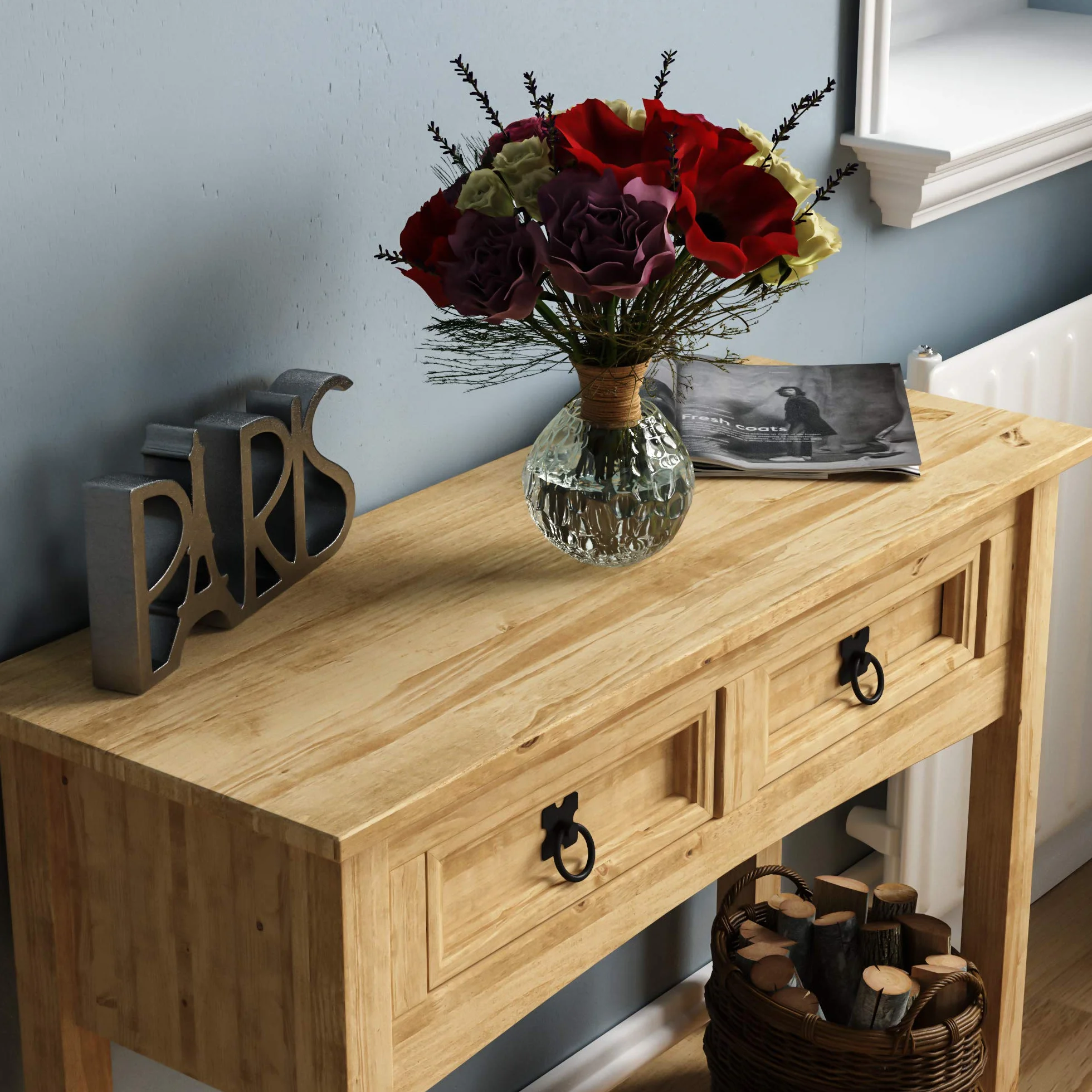 Amazon Basics Mesa consola, 2 cajones con estante, rectangular, madera de pino maciza encerada, tradicional, rústica, 79 x 211 x 178 cm