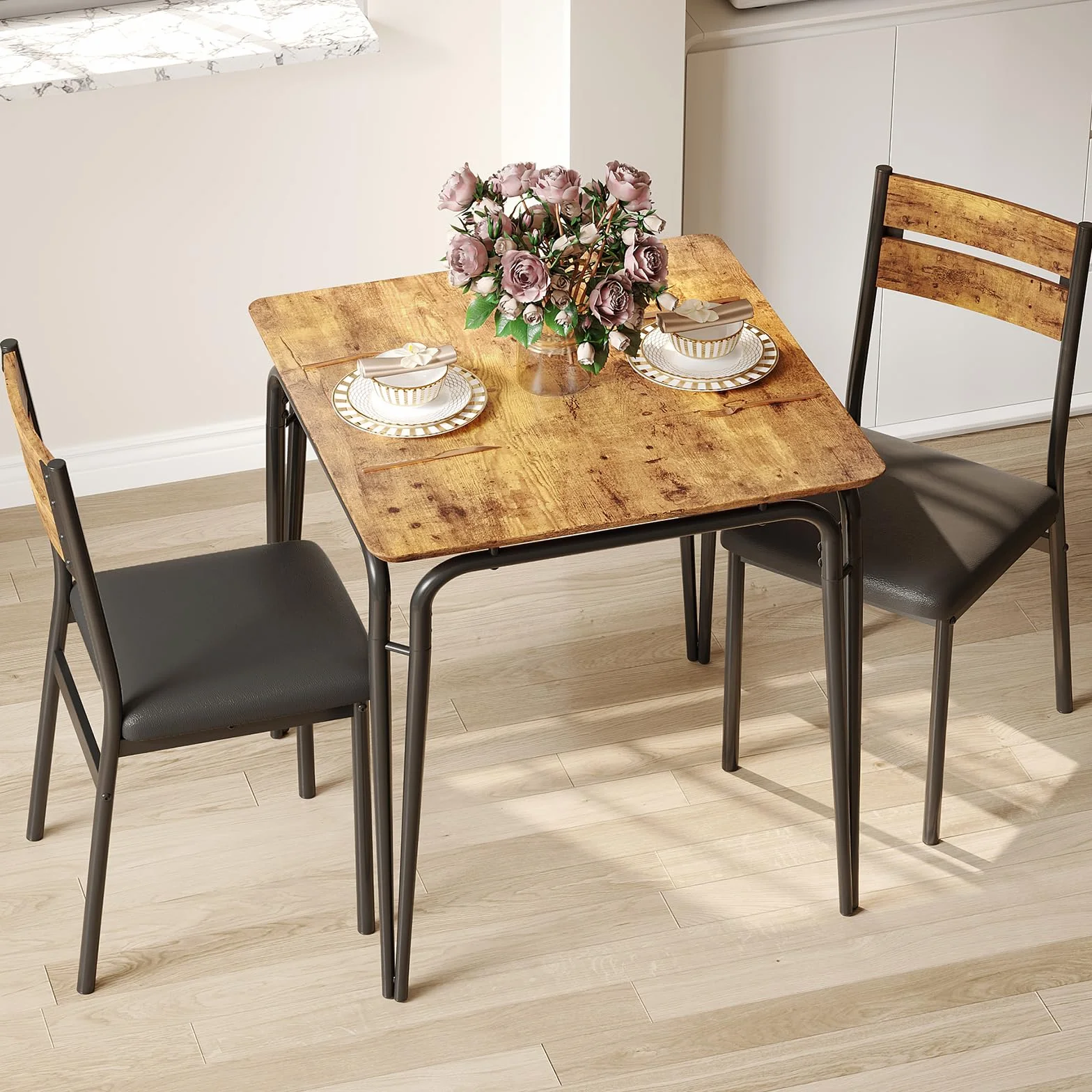 Juego de 2 mesas pequeñas y sillas, juego de comedor cuadrado para 2, juego de mesa de comedor, juego de cocina y comedor de 3 piezas para espacios pequeños