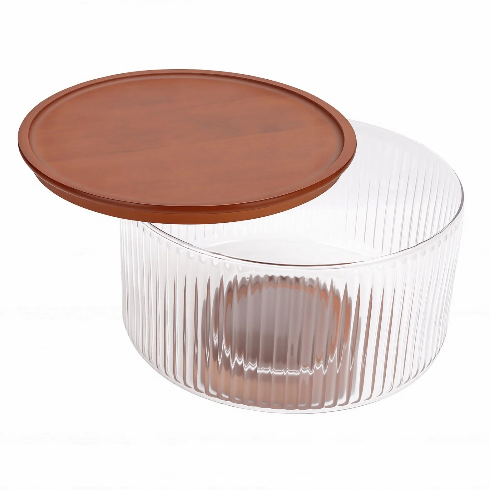 Tosuny Cuenco para Servir de Vidrio Acanalado con Base de Madera |Frutero de Ensalada de Gran Capacidad para Reuniones Familiares y Fiestas (claro)
