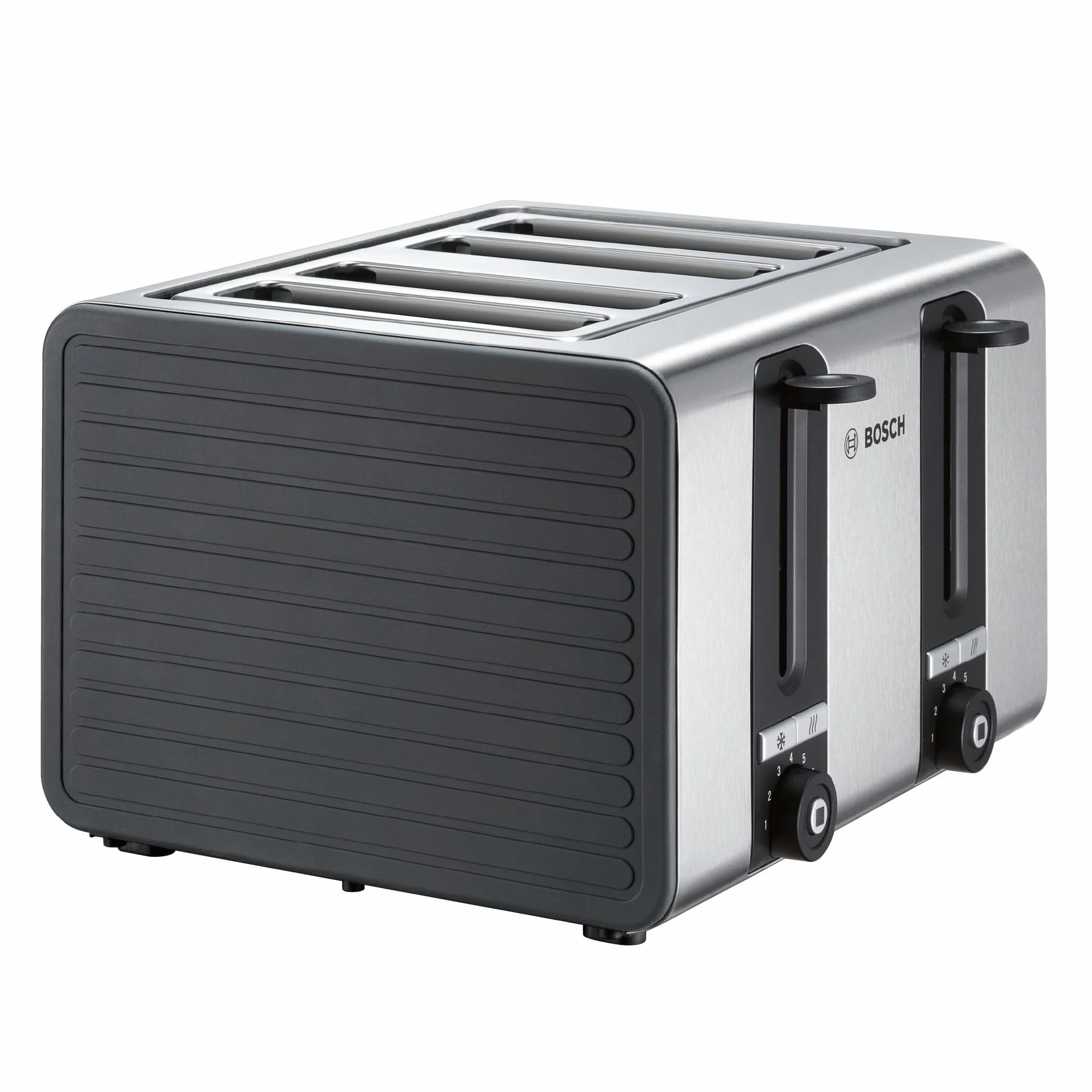 Bosch - Tostadora de 4 ranuras con función de descongelamiento y tostado, perfecta para 4 rebanadas de pan, diseño ancho, con función de elevación, 1800 W, acero inoxidable/negro, TAT7S45
