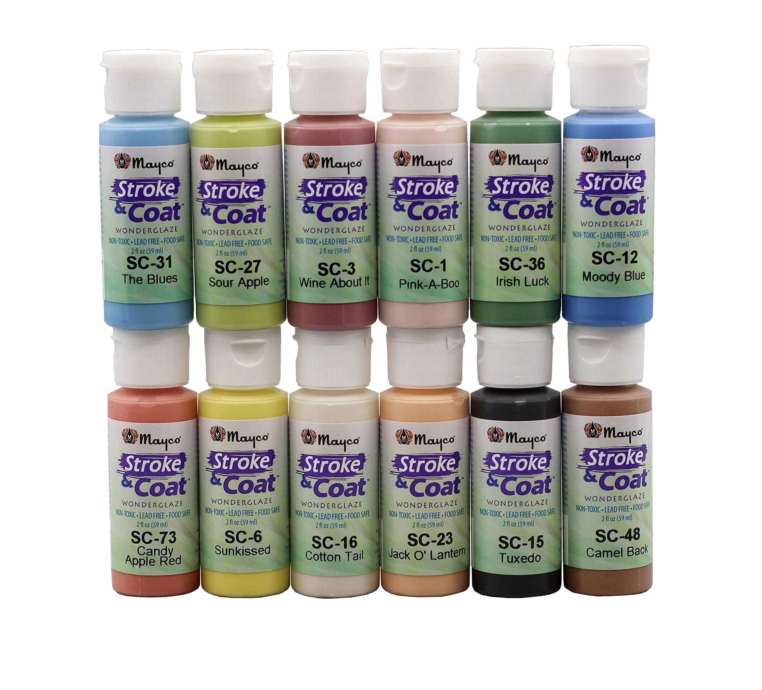 Creative Hobbies Mayco Stroke and Coat Glaze para cerámica Kit 3 | 12 tarros surtidos de 2 onzas con libro de cerámica para pintar