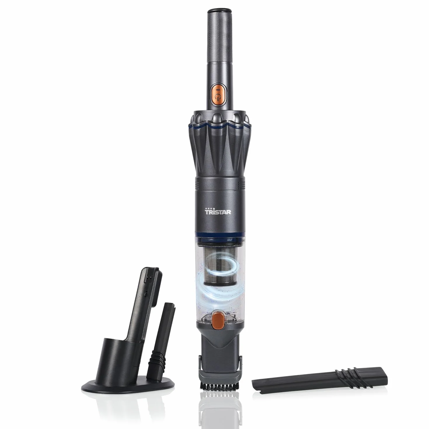 Tristar Aspirador de Mano, 12 kPa de Succión, Inalámbrico, Motor BLDC 90W, Filtro HEPA H12, 15 Min de Autonomía, Base con Almacenamiento de Accesorios, Compacto y Ligero, KR-3160