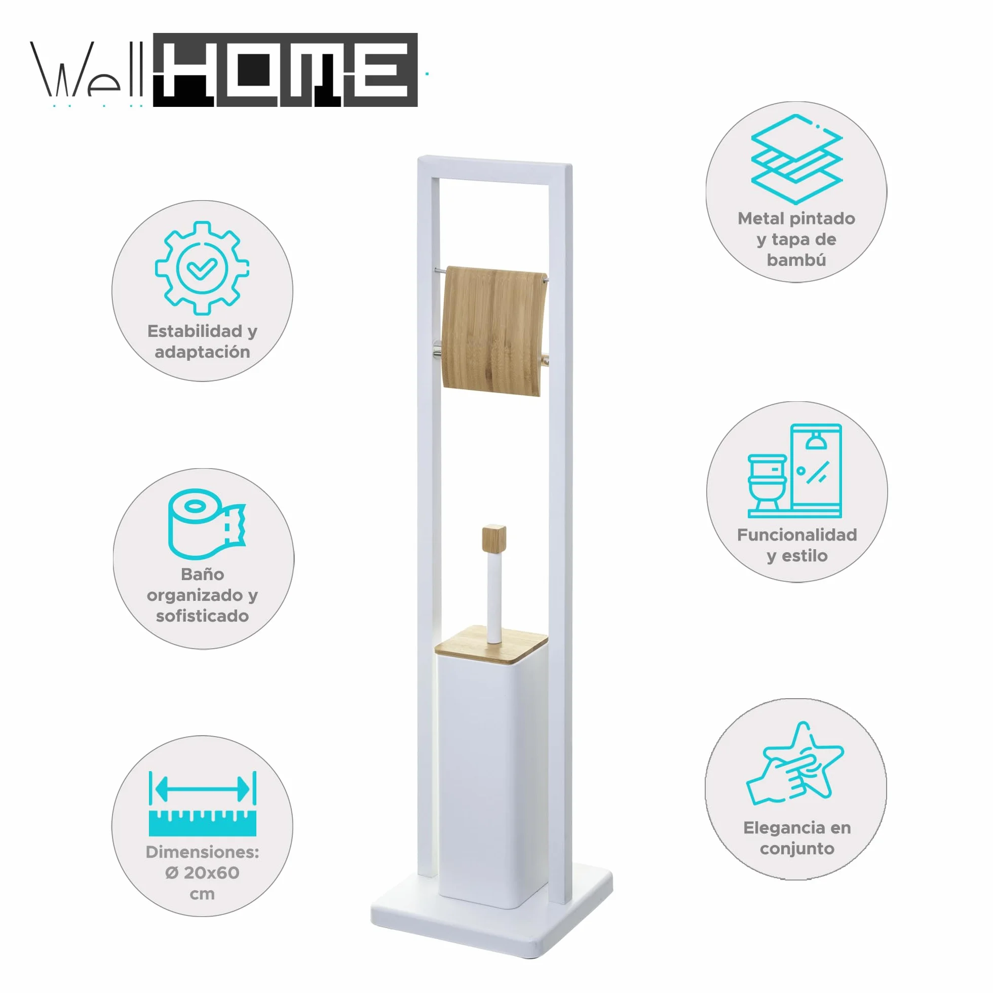 Well Home - Portarrollos con escobillero 'Natureo' en Color Blanco Funcional Ø20x60cm