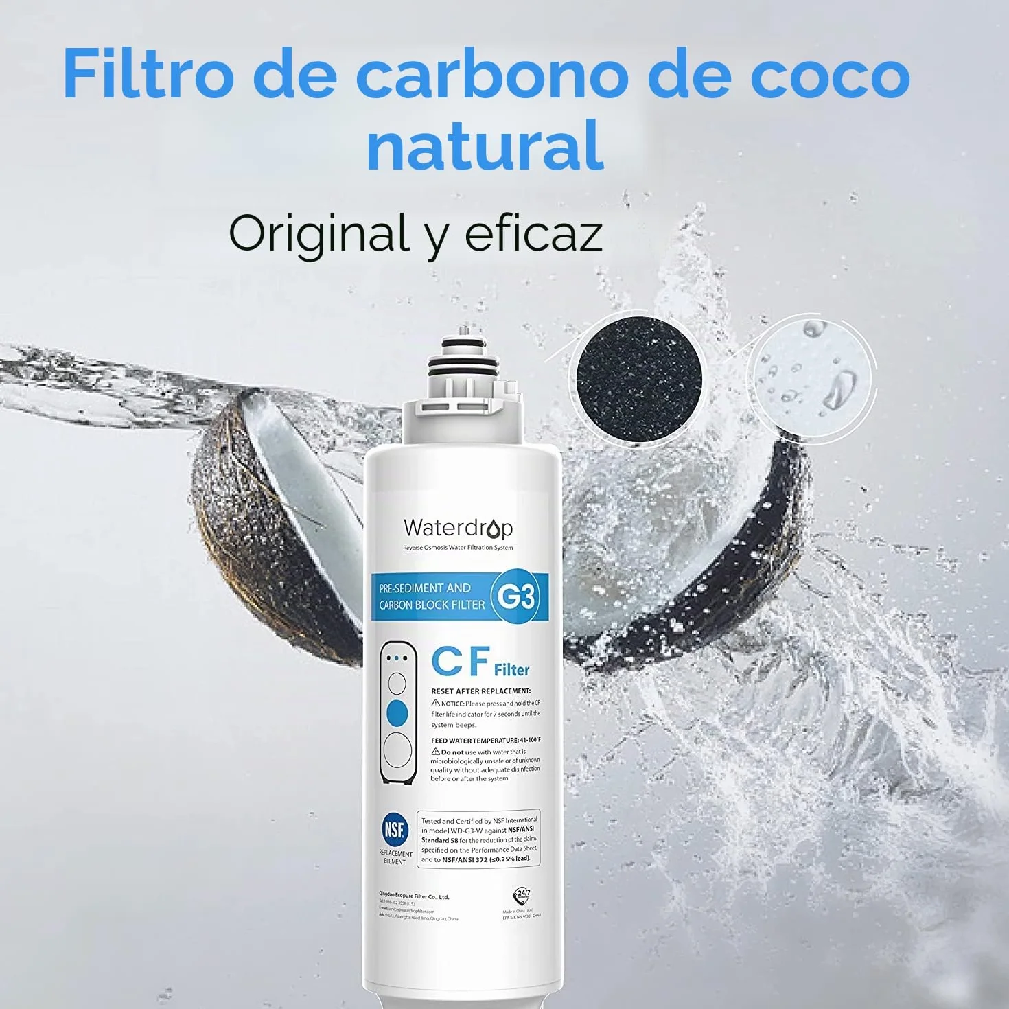 Waterdrop Filtro WD-G3-N1CF, 6 meses de vida útil, Reemplazo para el Sistema de ósmosis inversa WD-G3-W