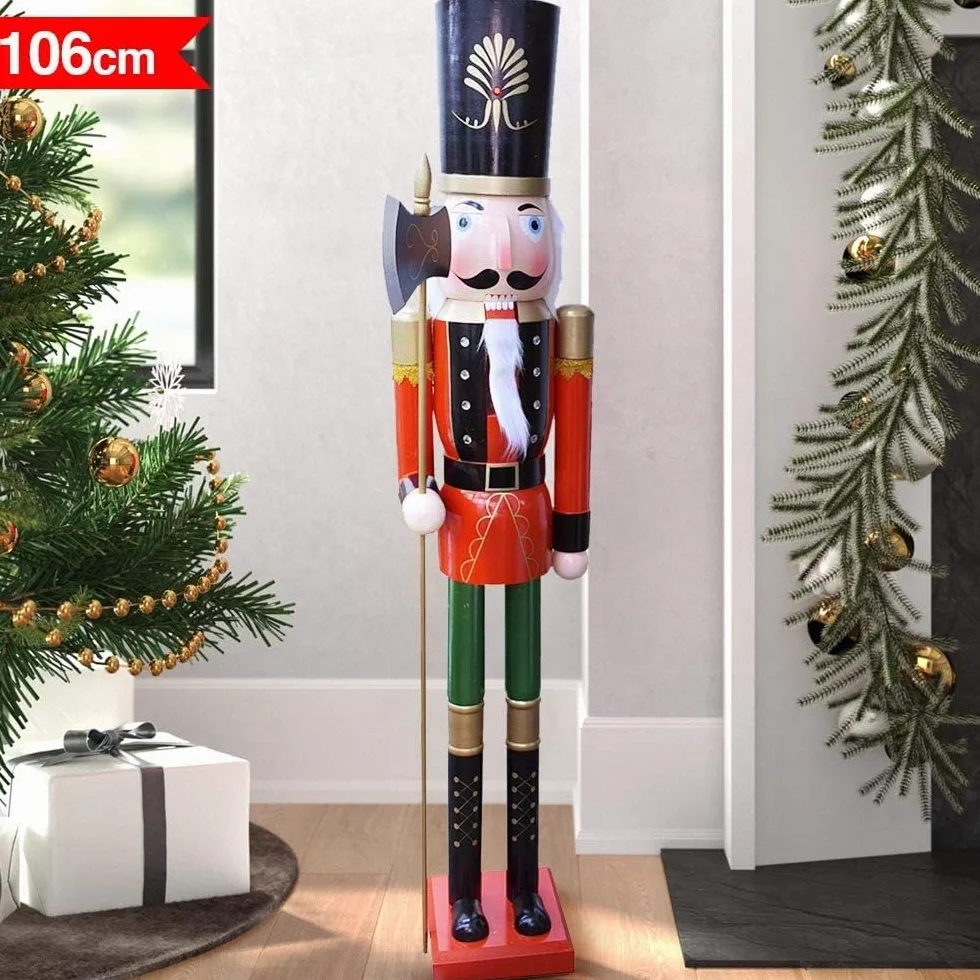 BAKAJI Soldado Cascanueces de Navidad de Madera Gigante Altura 106 cm Vestidos Pintados Barba y Pelo de Peluche con Mecanismo de Trabajo Decoraciones Navidad (Diseño 14)
