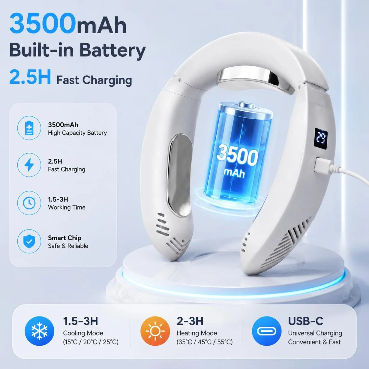 Ventilador de cuello portátil, aire acondicionado portátil con modos de refrigeración y calefacción, recargable de 3500 mAh, dispositivo de refrigeración personal sin cuchillas