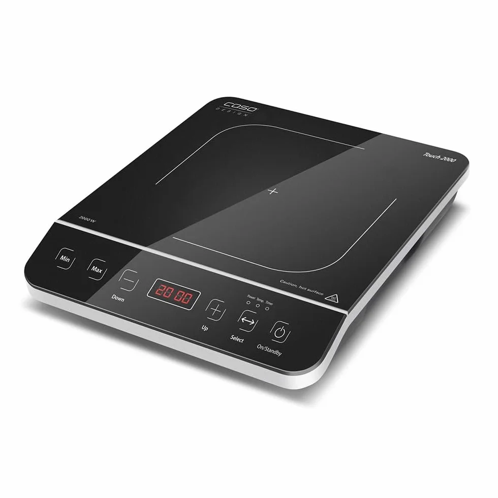 CASO Touch 2000 - Placa de inducción individual, 2000 W, detección automática de ollas, 10 niveles de temperatura, 10 niveles de potencia, temporizador hasta 180 min, superficie vitrocerámica,