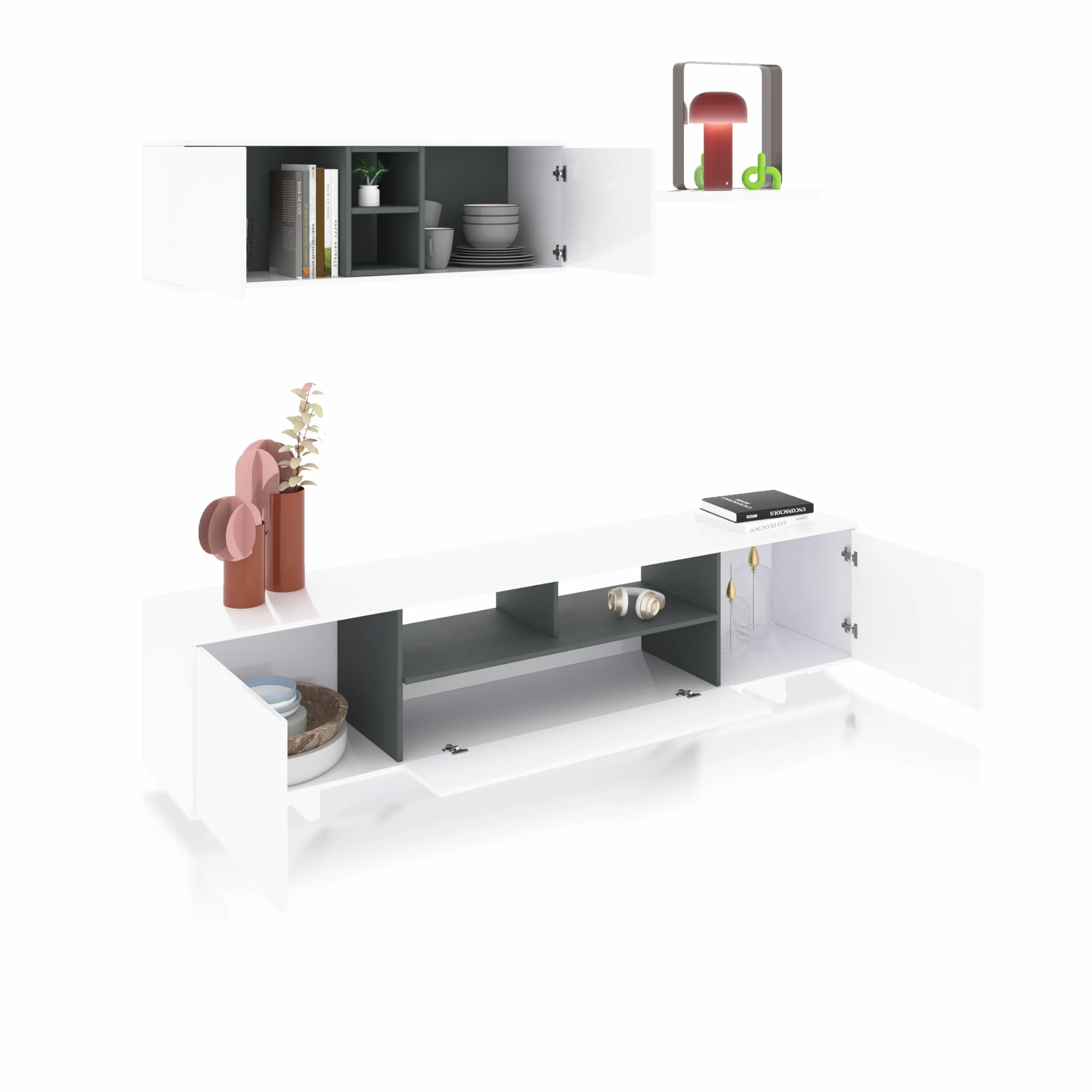 duehome | Mueble de Salon Moderno, Modulos Comedor, Modelo Kenzo, Acabado en Blanco Brillo y Gris Antracita, Medidas: 200 cm (Ancho) x 41 cm (Fondo) x 46 cm (Alto)