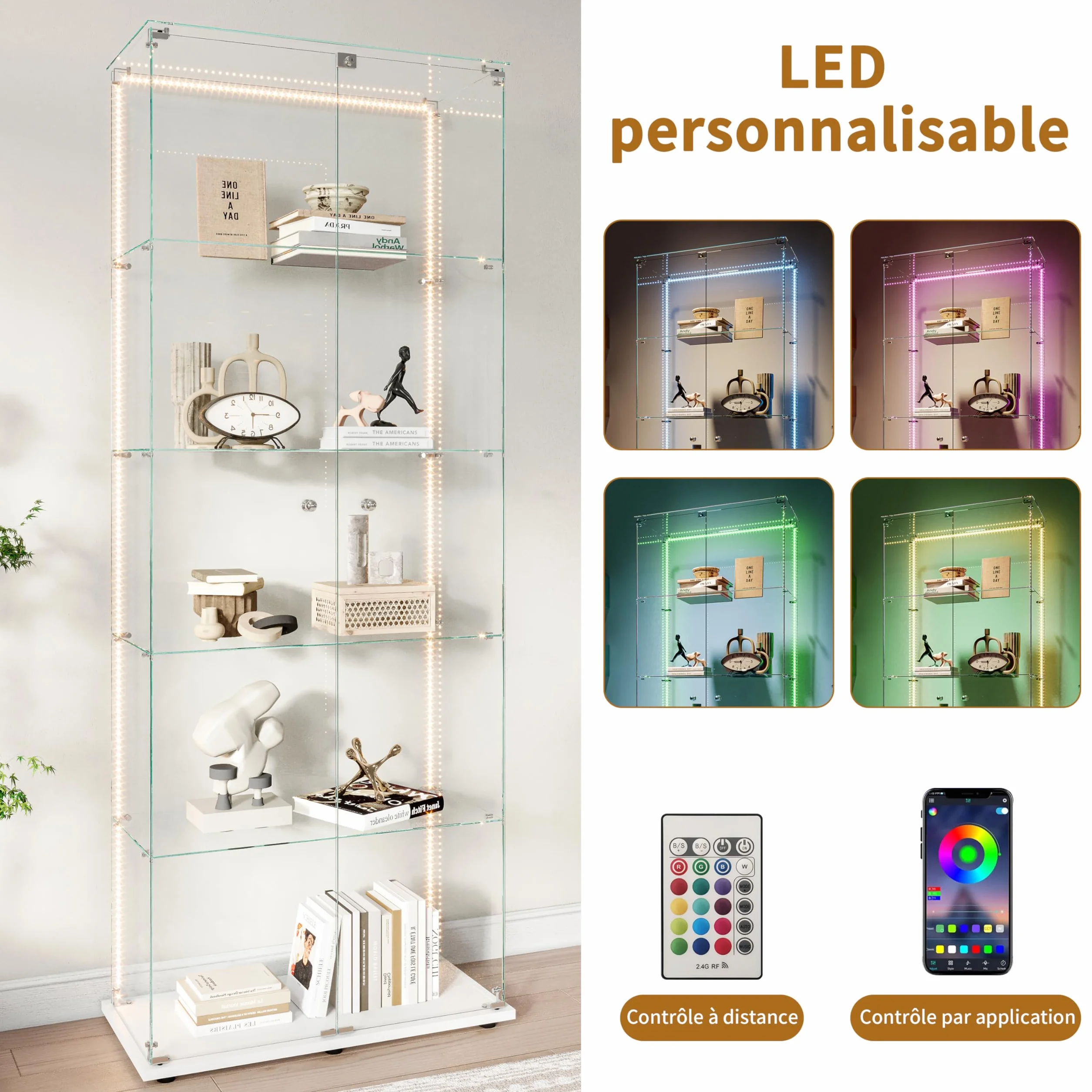 Vitrina de vidrio con 5 estantes, 2 puertas de exhibición con base de vidrio con LED y cerradura, gabinete moderno para colección de vasos, vitrina de exposición vertical para el salón (blanco-6B