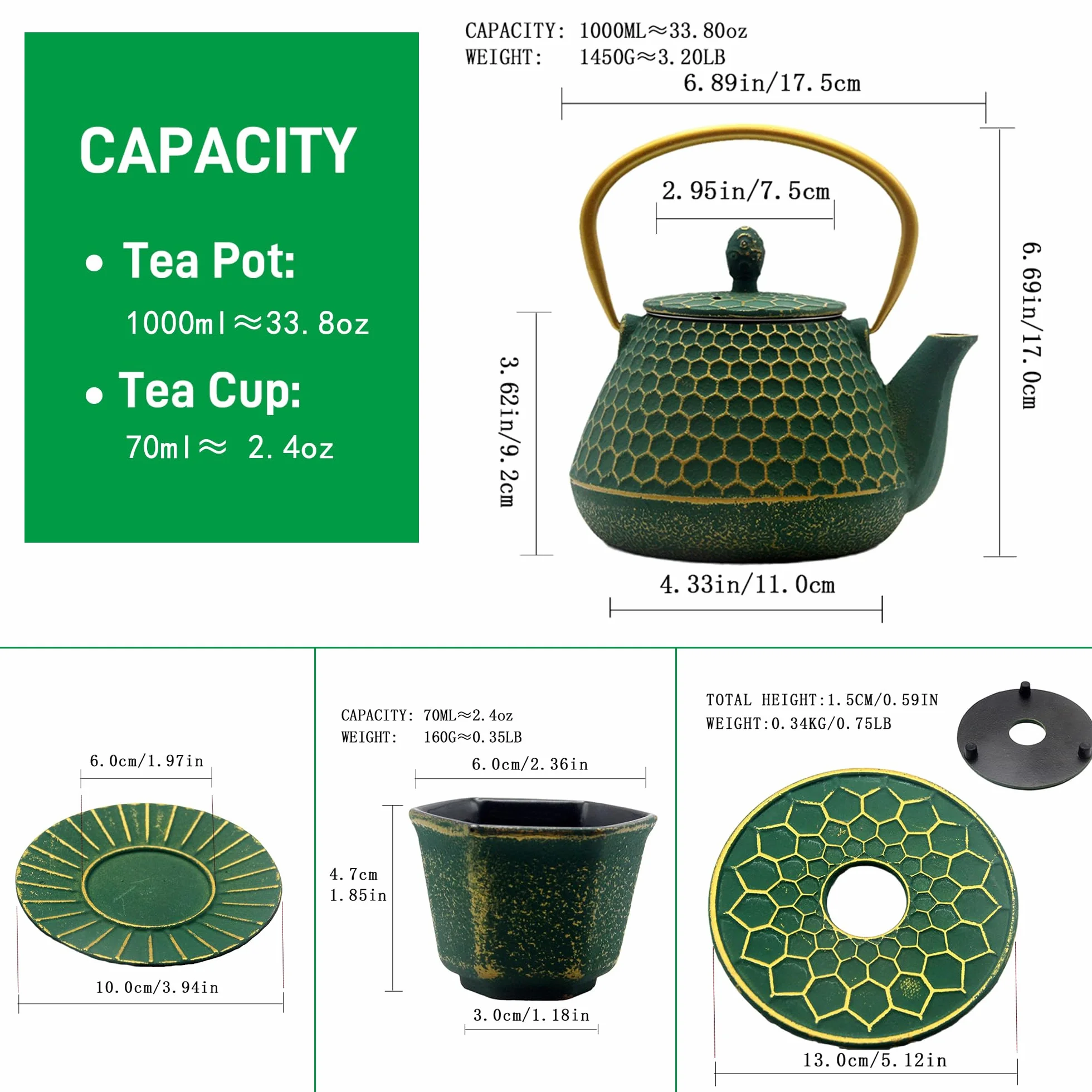 Juego de tetera de hierro fundido, juego de tetera hexagonal de 33.8 onzas con tazas y alfombrillas para tazas, tetera recubierta con interior esmaltado, juego de tetera de hierro fundido duradero con