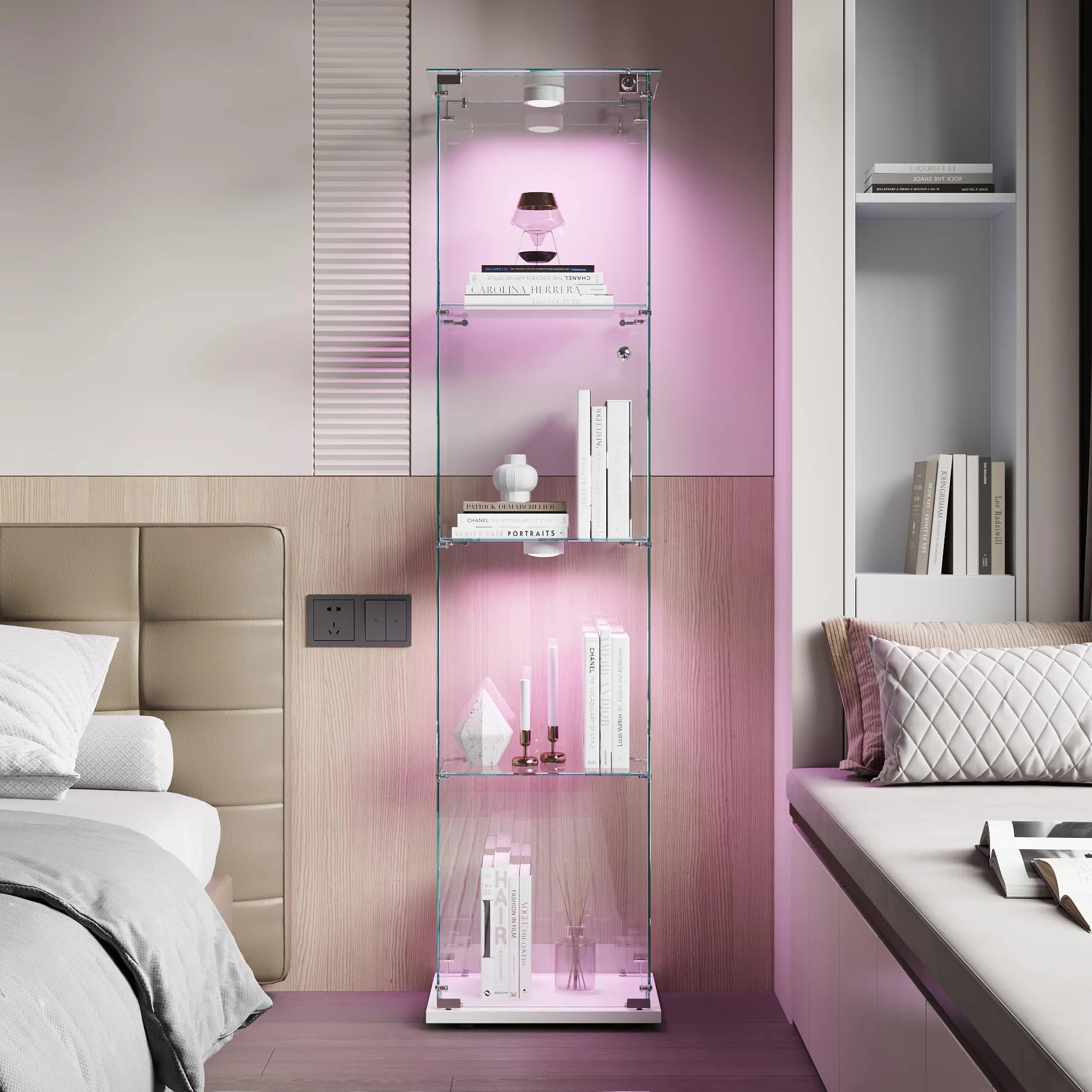 Vitrina de Cristal de 163 x 40 x 35 cm con 4 estantes 1 Puertas, Vitrina de pie con LED, Armario de colección Moderno para salón, Dormitorio, Oficina, Blanco y Puerta Individual + Luces de Pat