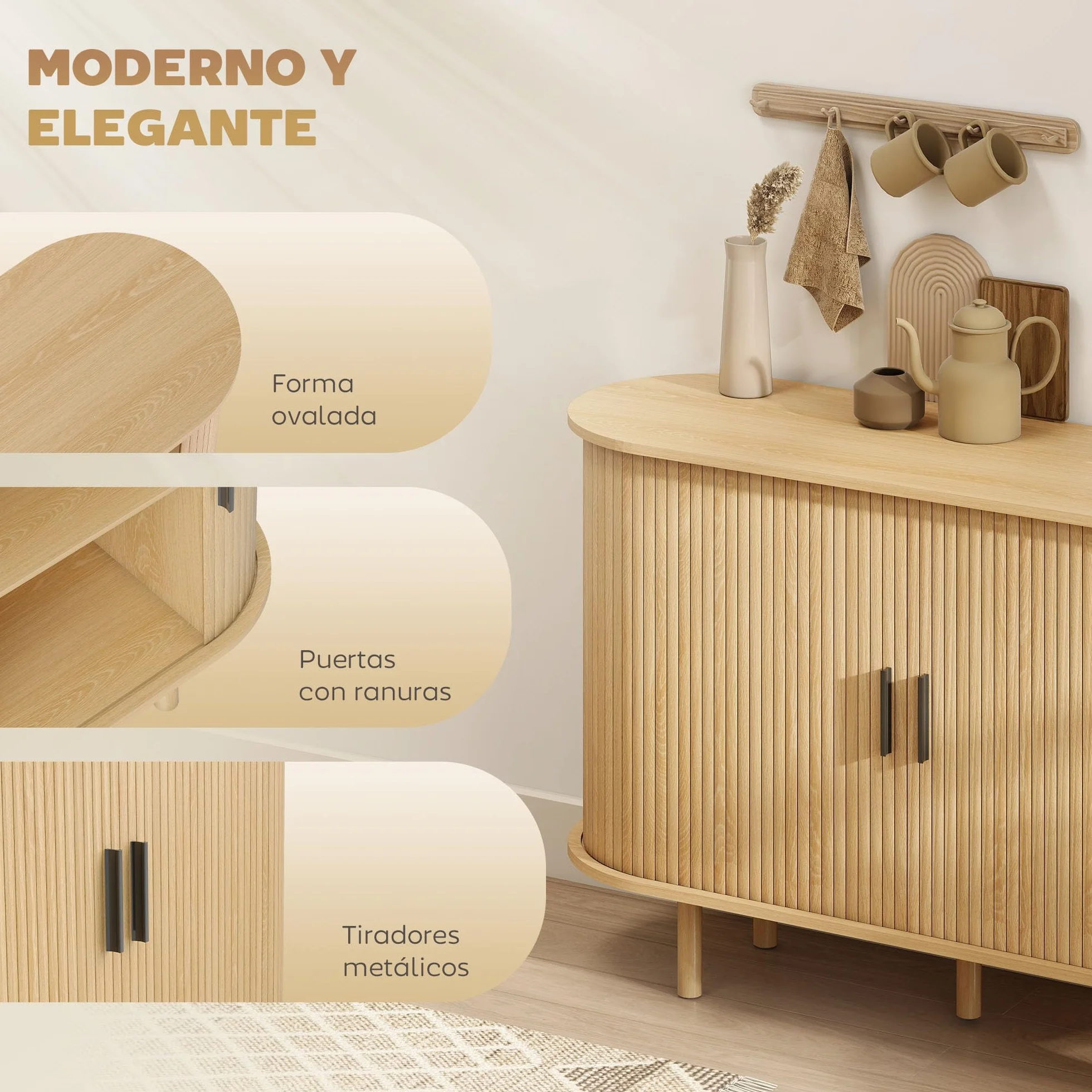 HOMCOM Aparador con Puertas Tambour Deslizantes, 4 Compartimentos, Patas de Madera, Roble, 120x40x78 cm