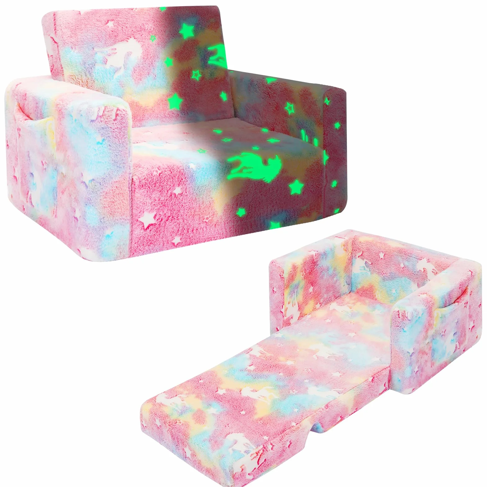 SLIGUY Sofá Plegable Niños Convertible Tumbona Brillante Oscuridad Unicornio Rosa