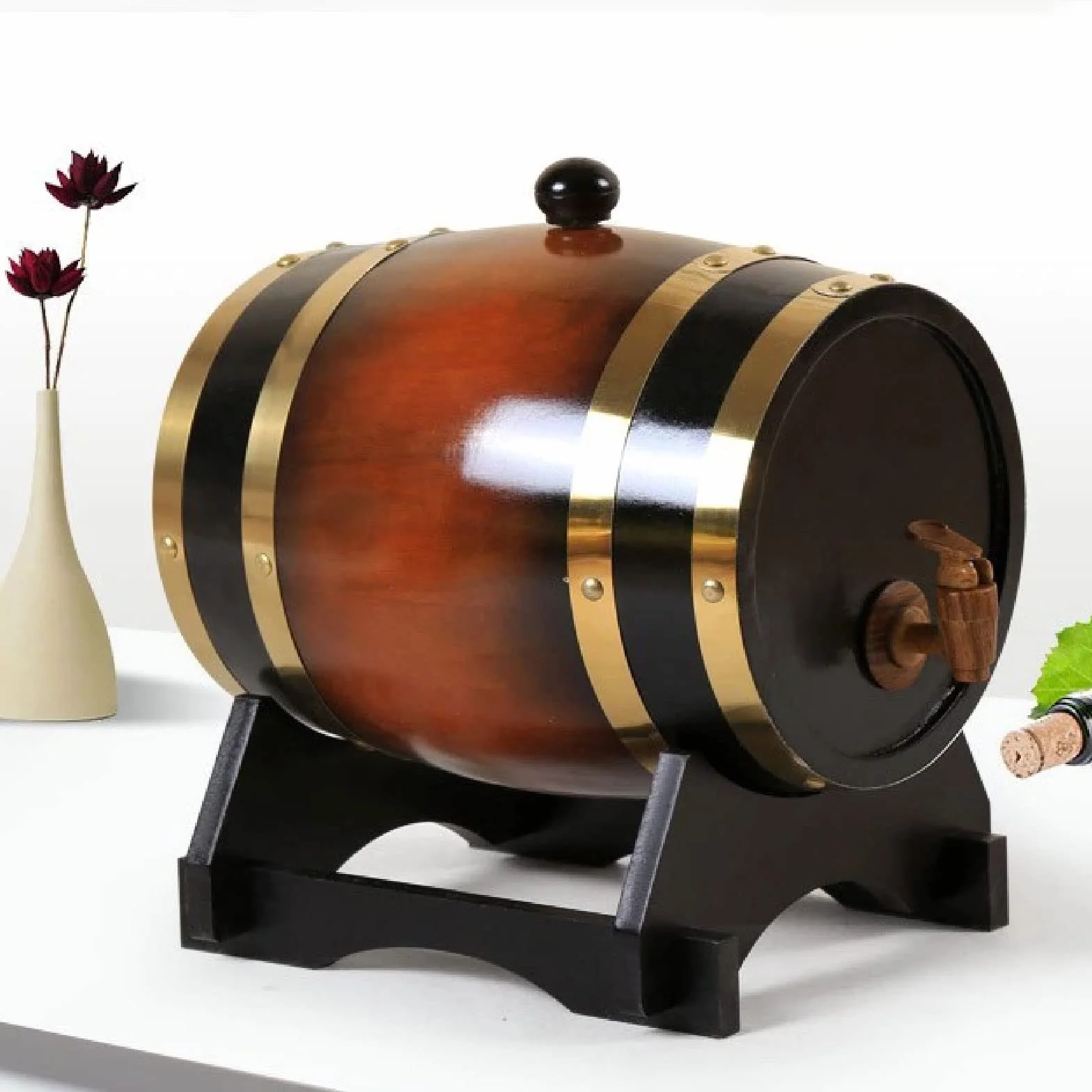 Barriles de roble para envejecimiento Dispensador de barriles de madera, dispensador de barriles de whisky, cubo con soporte de roble para almacenamiento de bebidas espirituosas, whisky, ginebra,
