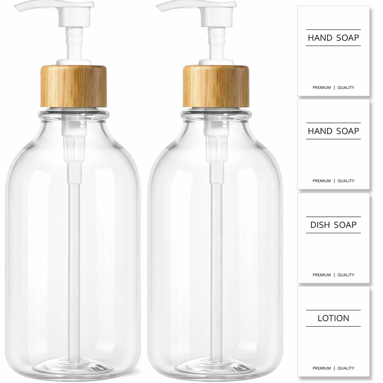 KASUNTING Dispensador de jabón transparente, paquete de 2 dispensadores de jabón de manos y loción de baño con bomba de bambú, juego de dispensadores de jabón de manos y platos de plástico de 16 onzas