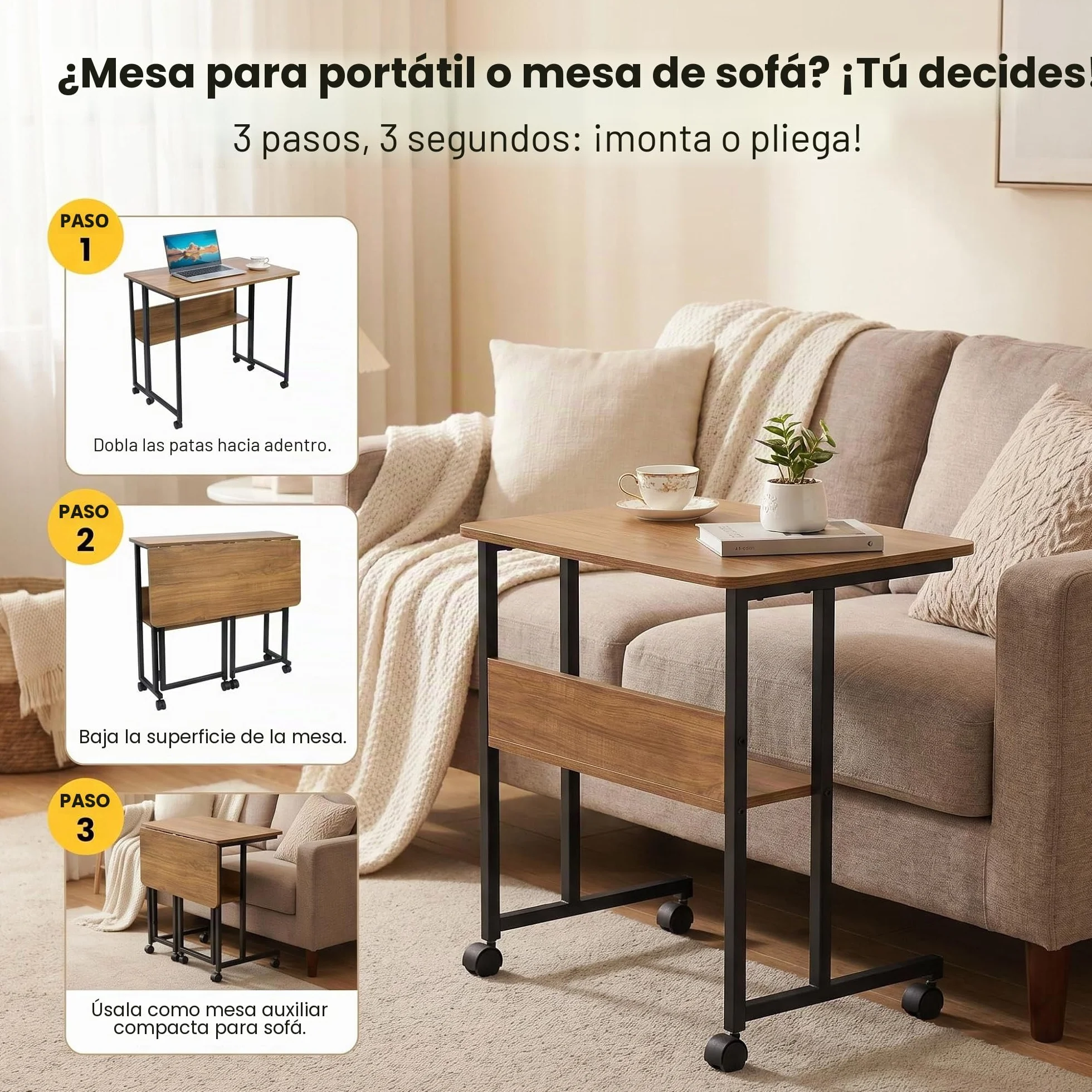Fiutazge Mesa Escritorio Plegable con Ruedas y Almacenamiento, Mesa Plegable de Pequeño Espacio para Estudio, Casa Oficina, Computadora Manualidades,Marrón y Negro