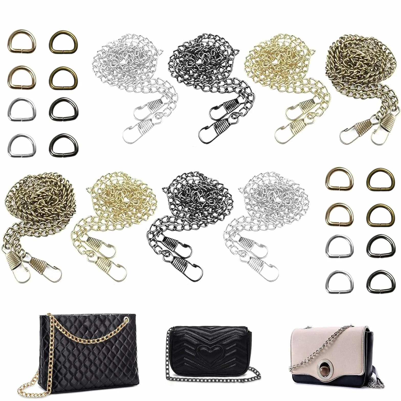 Cadena para Bolso DIY 120 cm 8 Piezas con 16 Anillas en D Plata Oro Bronce Color Arma