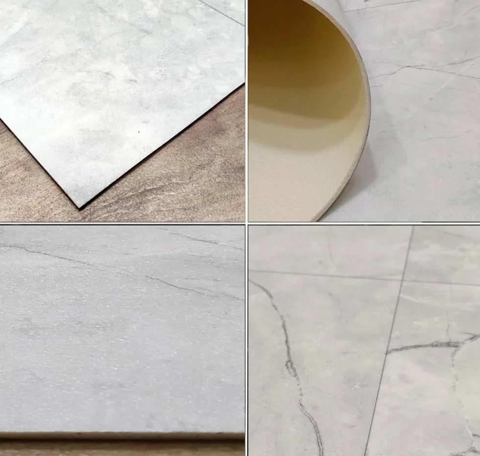Alfombra Vinilo beig Marfil Dibujo marmol veteado para Cocina, Alfombra Vinilo para salón, Alfombra Oficina antidelizante con Detalles Gris.