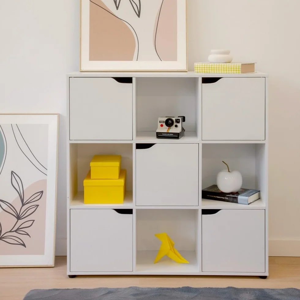 Estantería Cubo con 9 estantes y 5 puertas color blanco de 90x90x29 cm | Mueble de almacenaje compacto de tablero laminado de 12mm con puertas y huecos abiertos para dormitorio, salón o despacho