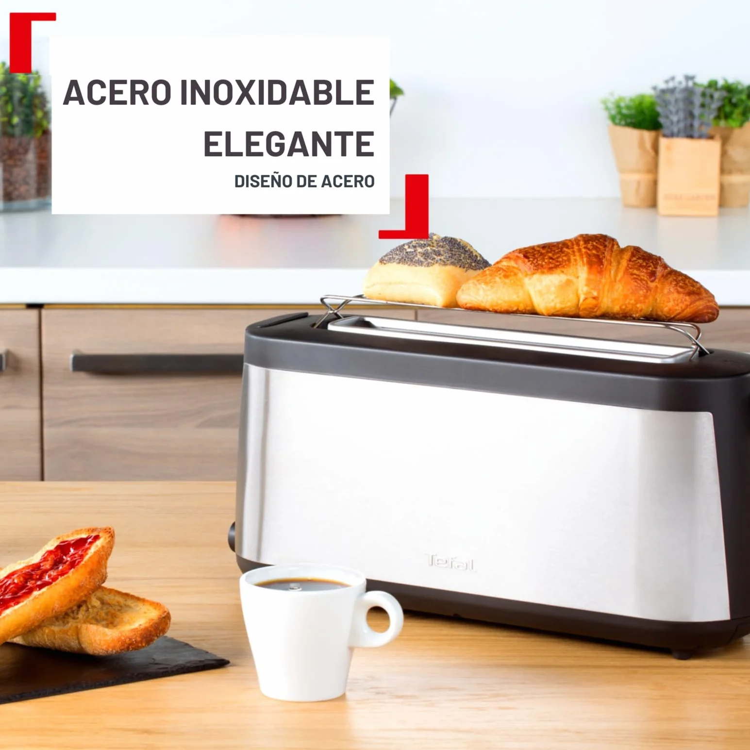 Tefal Tostadora Element TL4308, 25 cm ranura larga, 7 niveles tostado, 1000W, Negro acero inoxidable