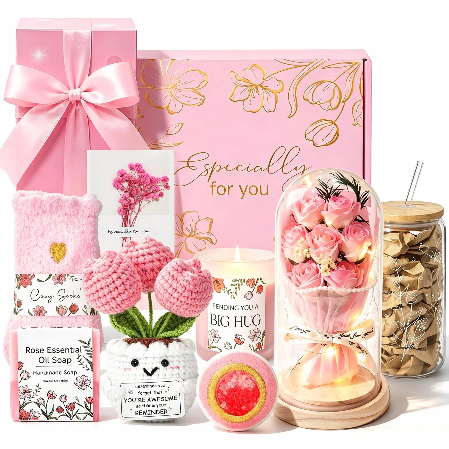 Regalos para mujeres, mamá, su amiga, hermana, esposa, rosa eterna iluminada y vela, cesta de regalo relajante para el cuidado personal, regalo de spa, regalos de cumpleaños y Navidad