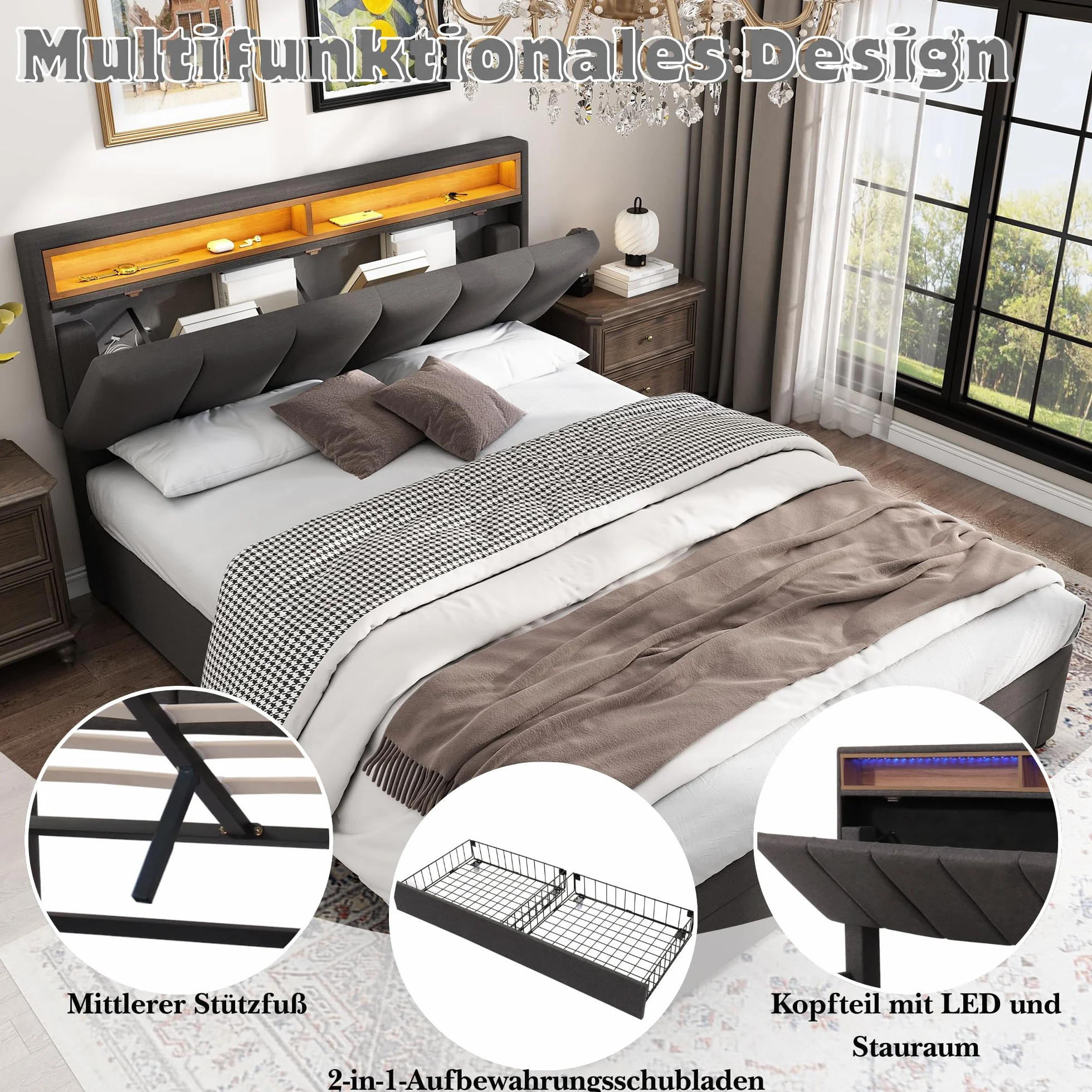 Cama Tapizada de 140x190 cm con LED y 2 Cajones, Estructura de Cama Doble con Soporte de Láminas y Almacenamiento Hidráulica, Cabecero con Almacenaje, Lino, Gris, Sin Colchon