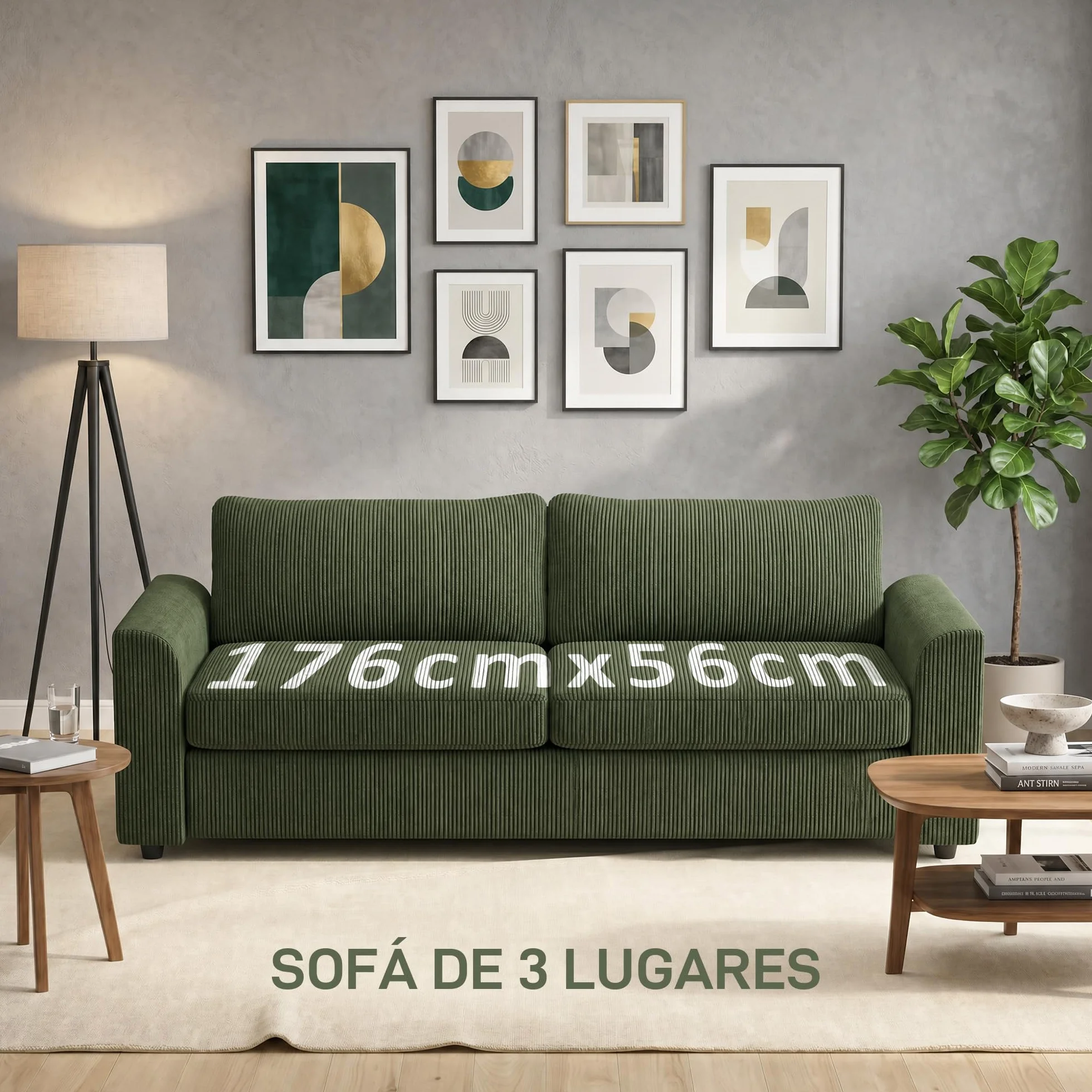 HOMCOM Sofá de 3 Plazas Sofá de Salón 212x80x88 cm Tapizado en Pana con 2 Almohadas Reposabrazos y Cojín de Muelles Diseño Moderno para Sala de Estar Dormitorio Verde