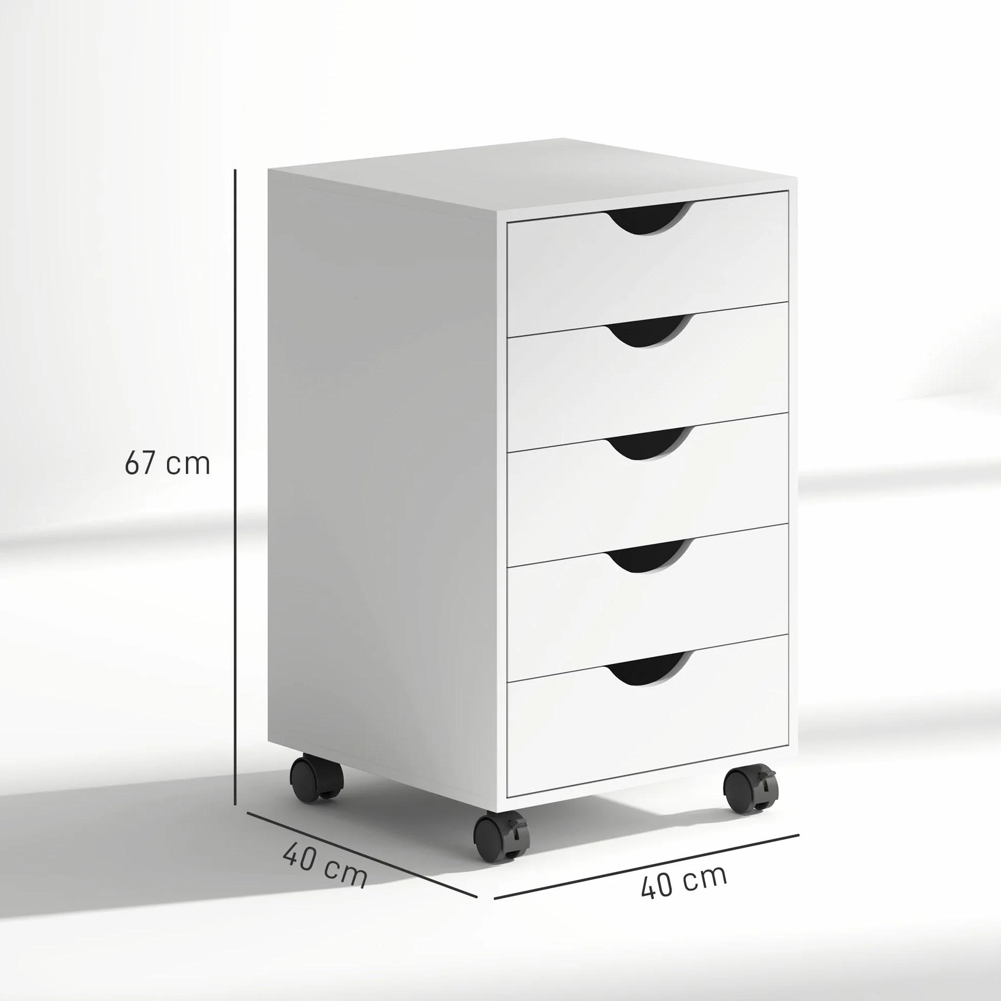 HOMCOM Cajonera Escritorio con Ruedas, Cajonera Oficina con 5 Cajones, Archivador Móvil, para Estudio, Salón, 40x40x67 cm, Blanco