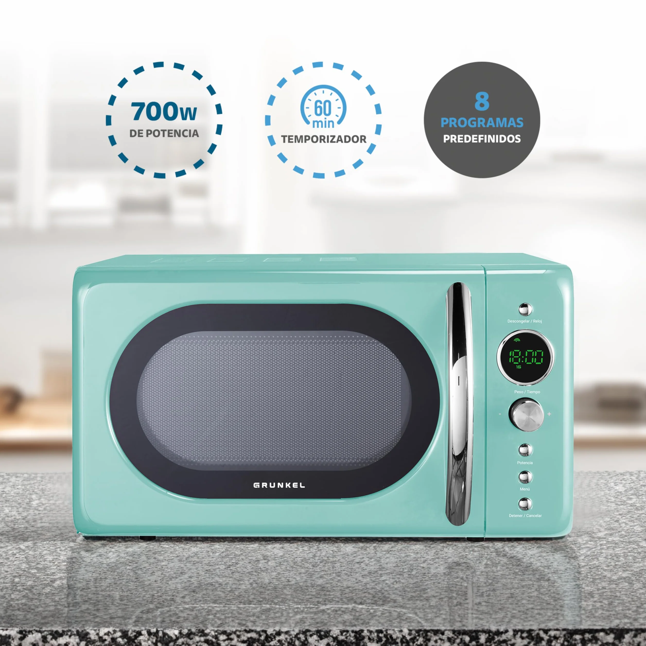 Grunkel Microondas Digital 20L 700W Vintage 6 Niveles Potencia Cocción Rápida Temporizador 60 min (Azul Agua)