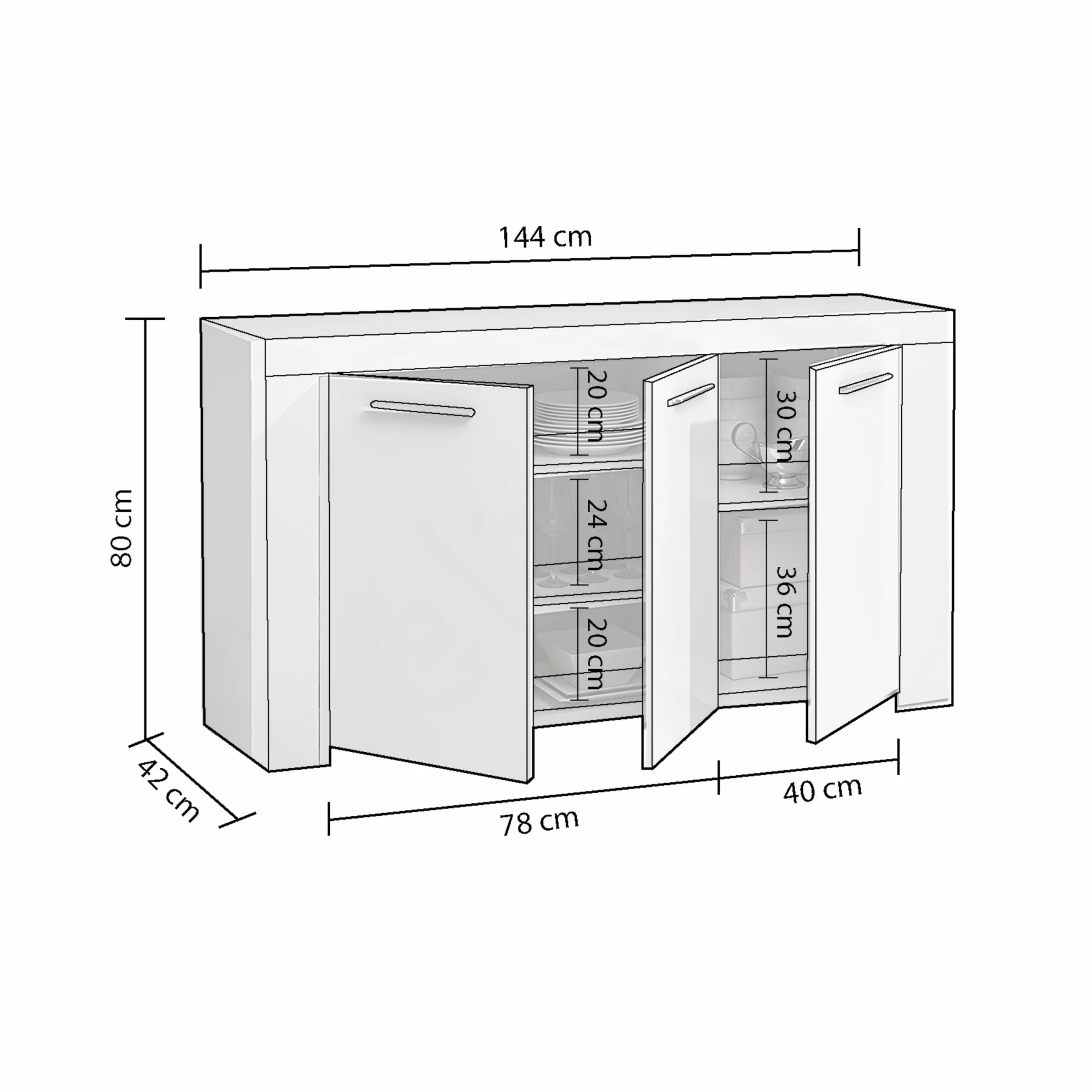 Aparador Buffet Moderno Armario Auxiliar Comedor Modelo Dara Blanco Gris Cemento 144x42x80 cm