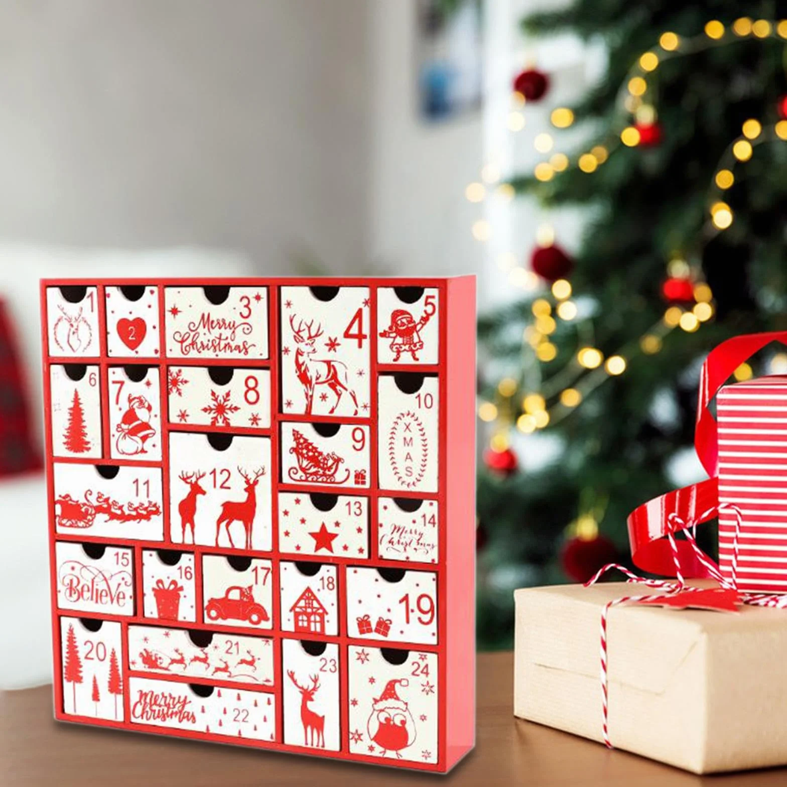 Decoración Navideña para El Calendario de Adviento. Decoración para La Caja del Calendario de Adviento Navideño, Rojo, Individual
