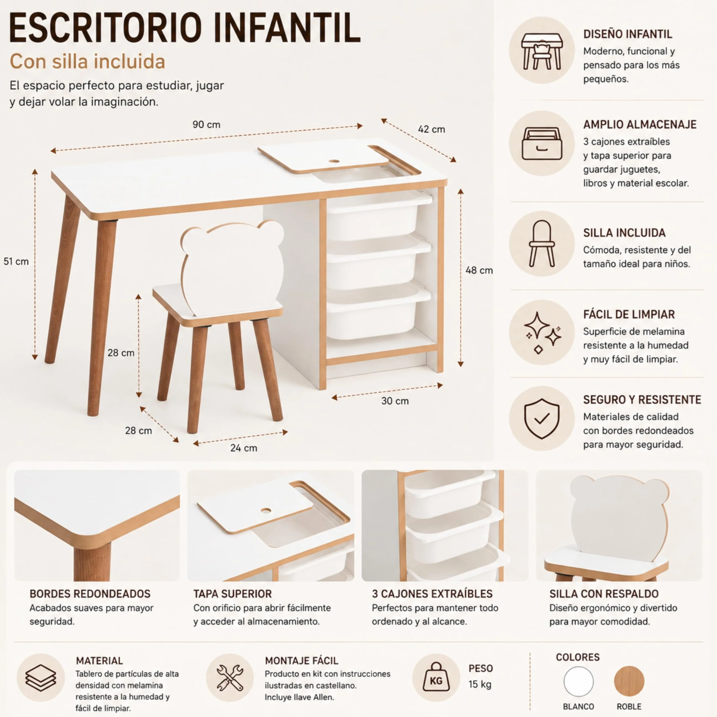 Escritorio Infantil con Silla y Cajones Pupitre Mesa de Juegos Blanco y Madera 90x42x51 cm Soho
