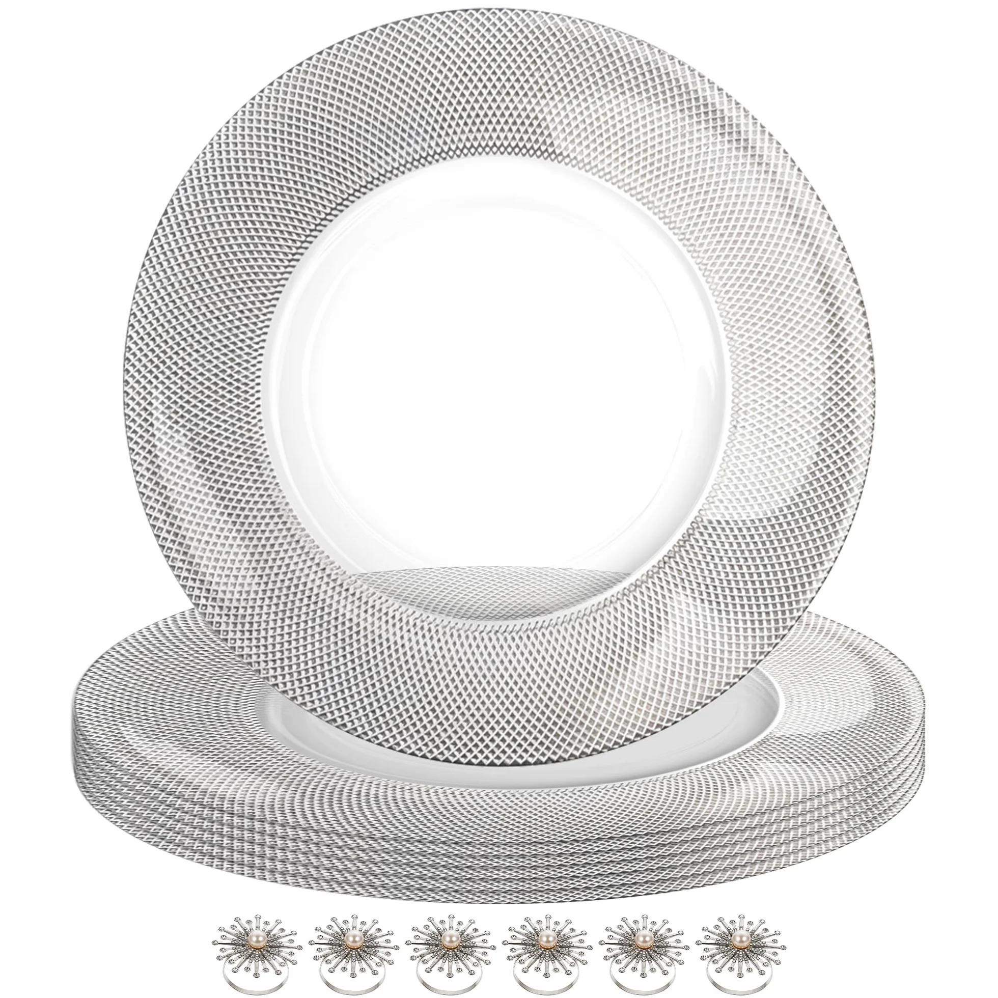 Elegante juego de 12 platos de carga plateados con diseño a cuadros con servilleteros de perlas, cargadores de platos de cristal de 33 cm para bodas, fiestas y eventos especiales, decoración de mesa