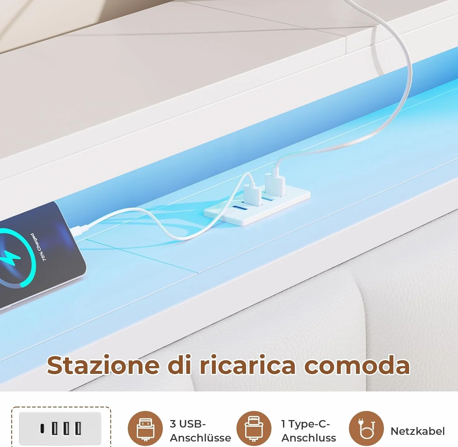 AOGLLATI Cama 140 x 190 cm con Iluminación LED y Estación de Carga, Camas Matrimoniales con Cabecero Tapizado en PU, Cama Matrimonio con Espacio de Almacenamiento, Diseño Visual Flotante, Blanco