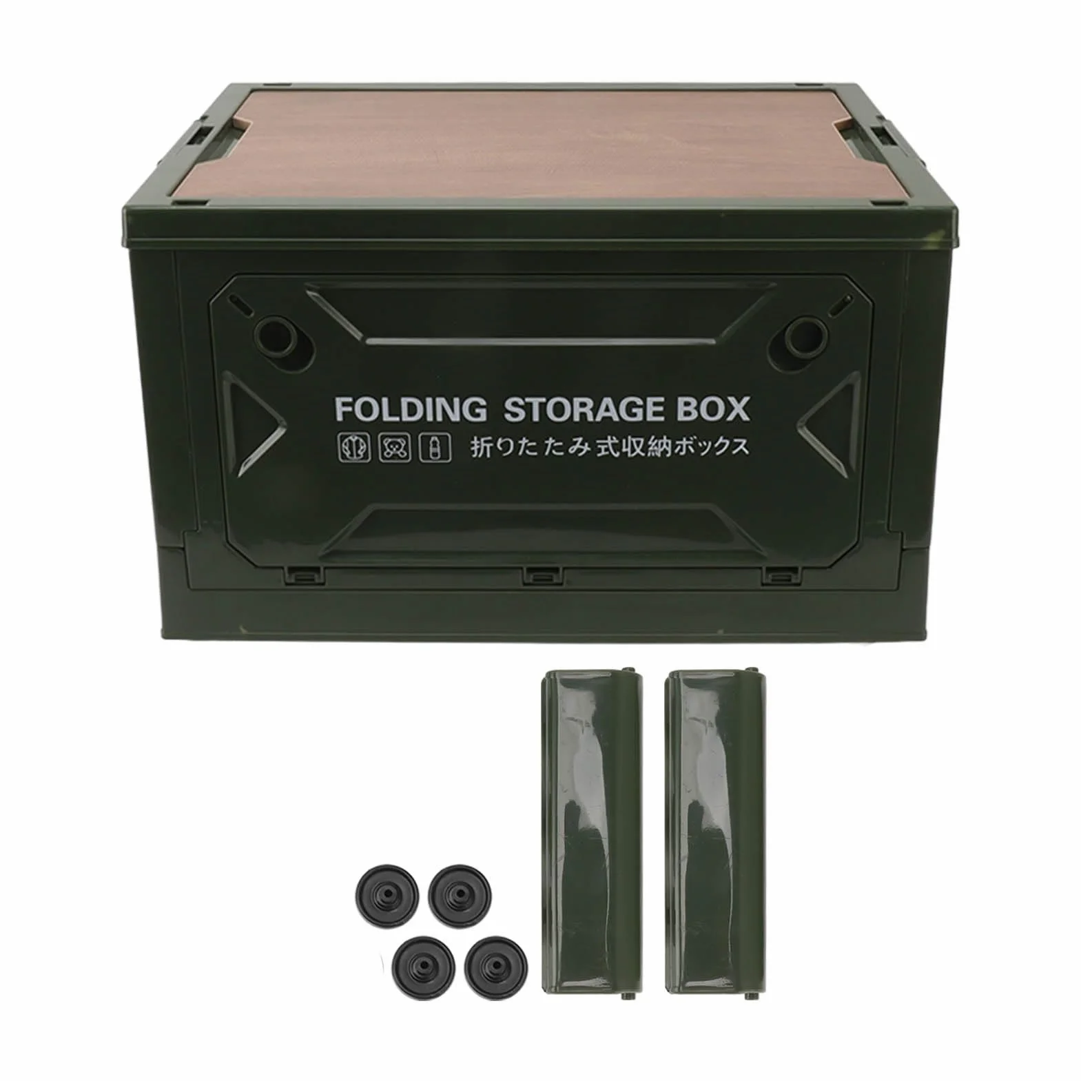 Caja de Almacenamiento para Acampar Plegable, 50L, con Tapa de Madera, Anillo de Tracción, Verde, Capacidad de Carga Fuerte, para Picnic