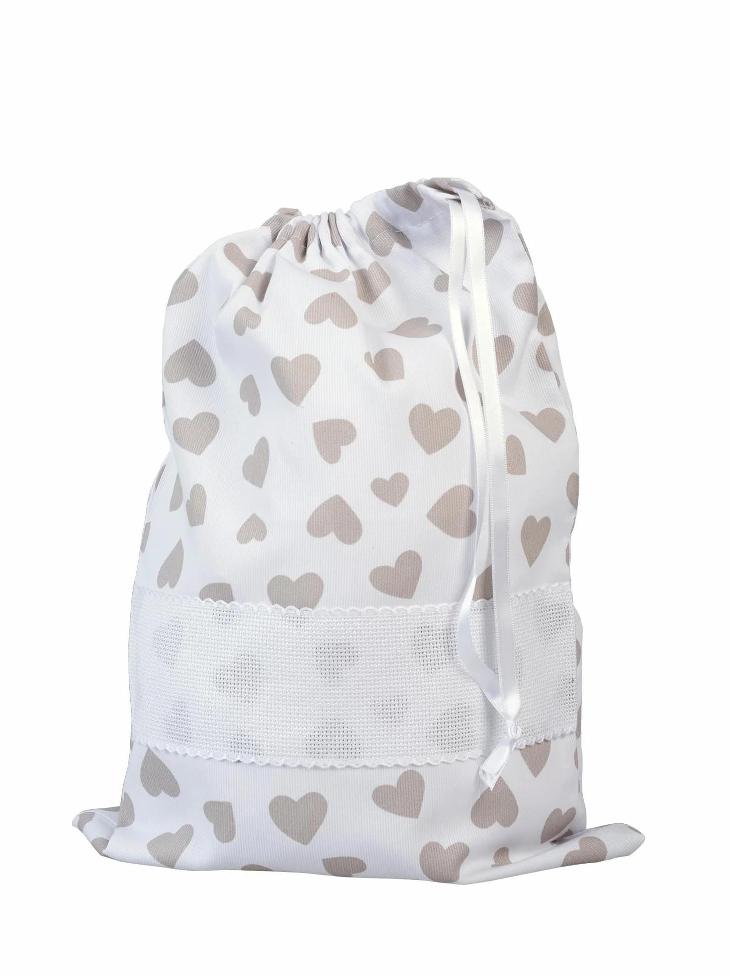 Filet - Bolso De Canastilla Bebé con Cierre De Cordón para Bordar, Fabricada en algodón Piquet Estampado, Fabricada en Italia, Fantasía Corazones Beige, Moderno