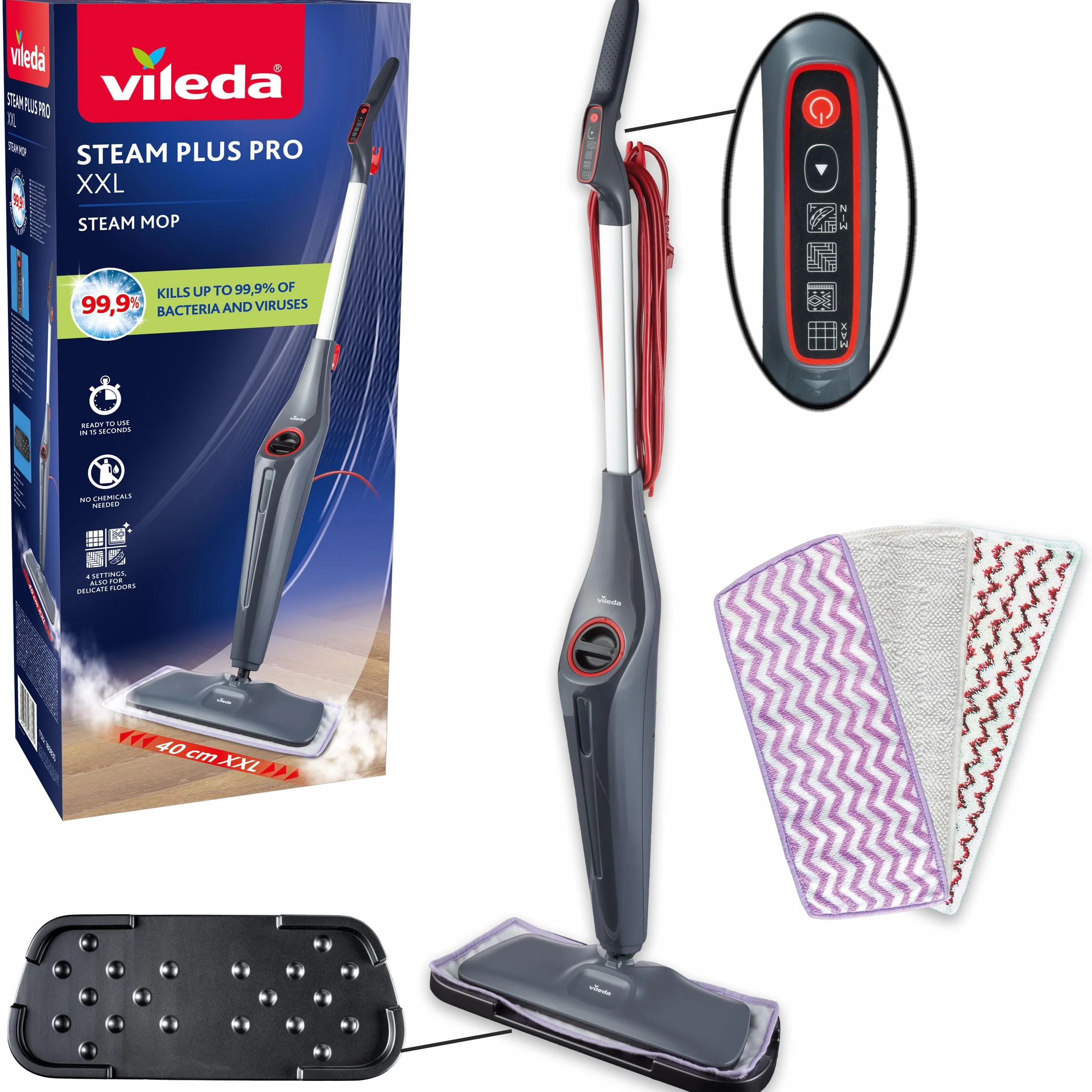 Vileda Steam Plus Pro XXL Limpiador a Vapor | Elimina hasta el 99,9% de las bacterias y virus | Para suelos sensibles | 4 niveles de vapor | Soporte de almacenamiento | Envase ecológico