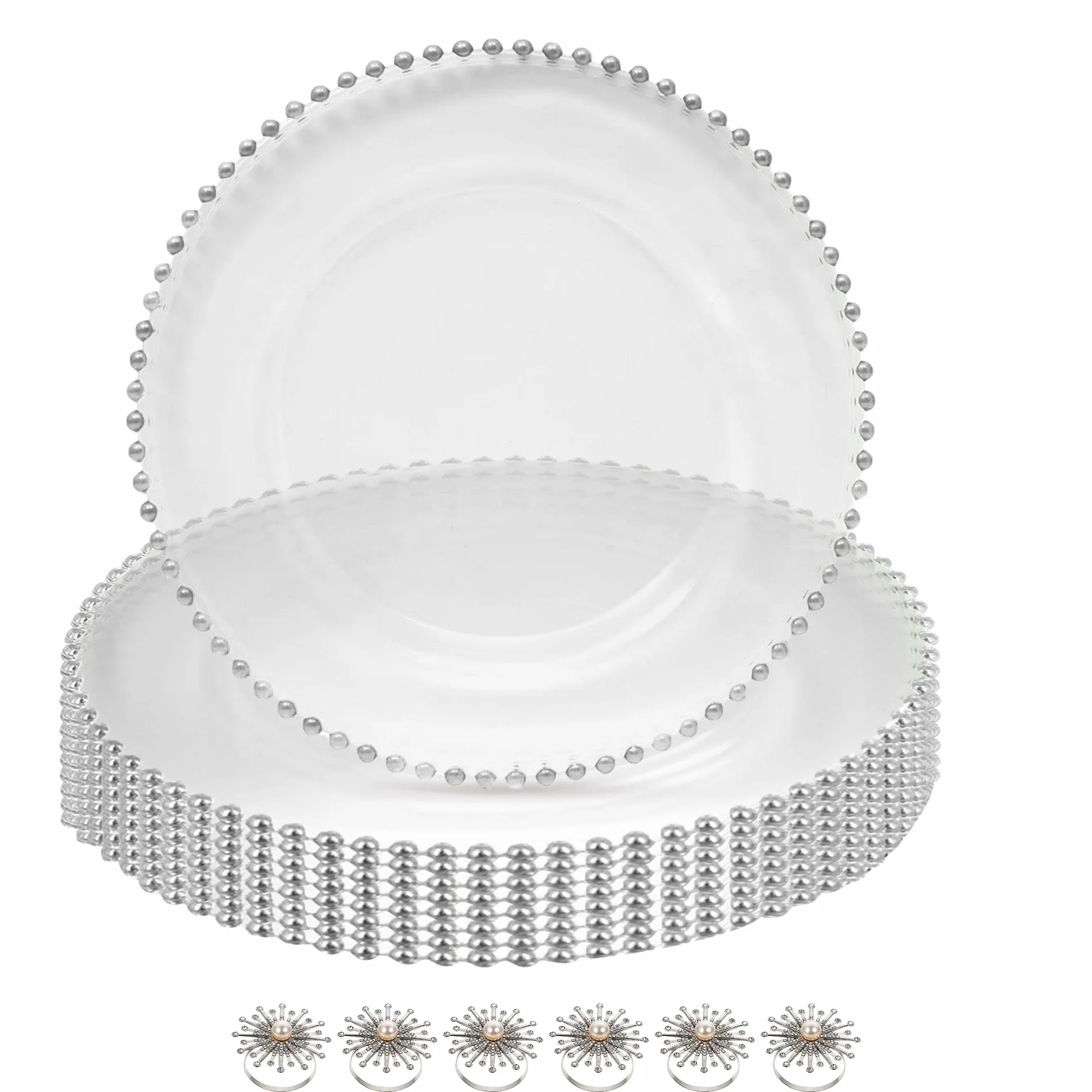 Juego de platos de cristal transparente con borde de cuentas plateadas y servilleteros con diamantes de perla, elegantes cargadores de 33 cm para bodas, fiestas, banquetes, eventos y decoración de