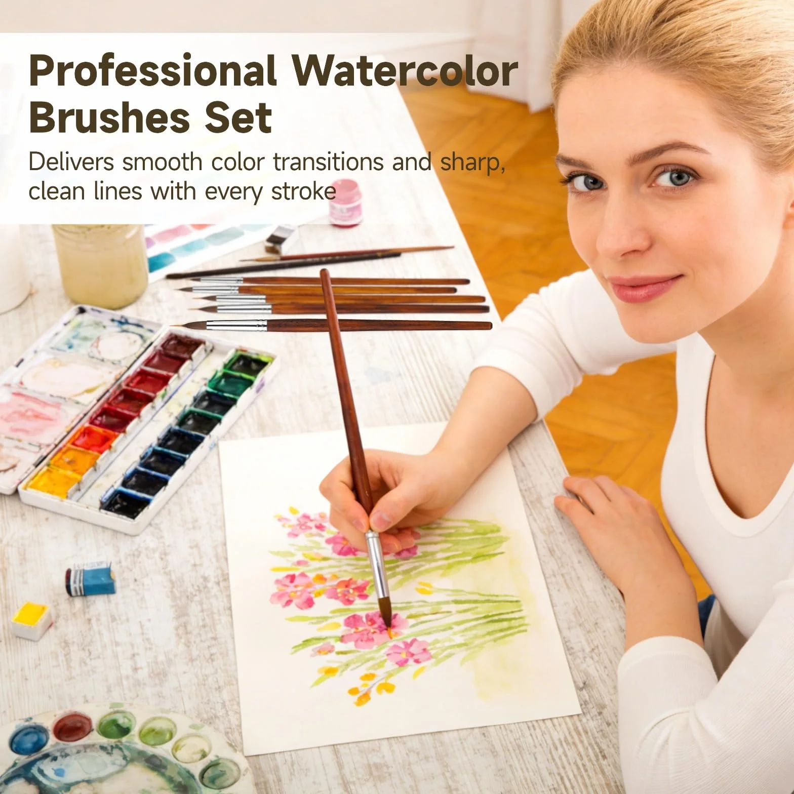 6 pinceles profesionales de acuarela con doble fibra, crin y punta de nailon, virola de cobre niquelado, mango de madera, para acuarela, gouache, acrílico