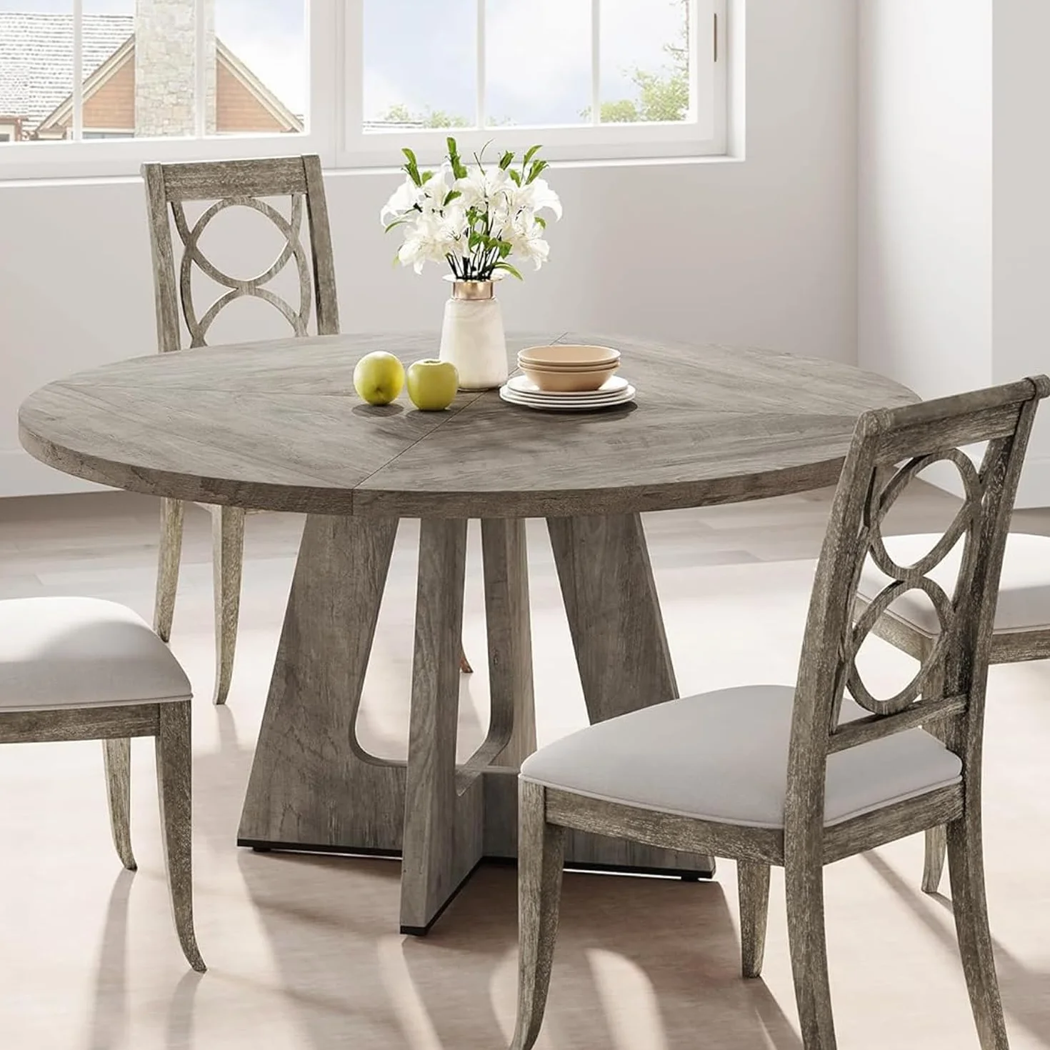 GarveeLife Mesa Redonda de Comedor 120 cm | Mesa de Cocina Veta Madera Gris Claro con Patas Geométricas, Tablero MDF Resistente, para 4-6 Personas, Solo Mesa sin Sillas