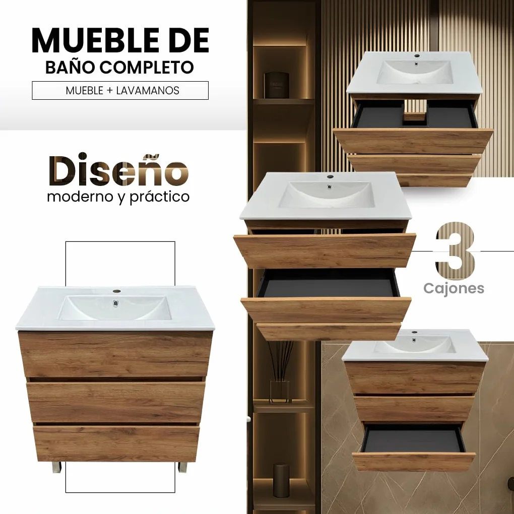 Mueble Baño con Lavabo 80 cm Compacto Preinstalado con Pie de Porcelana