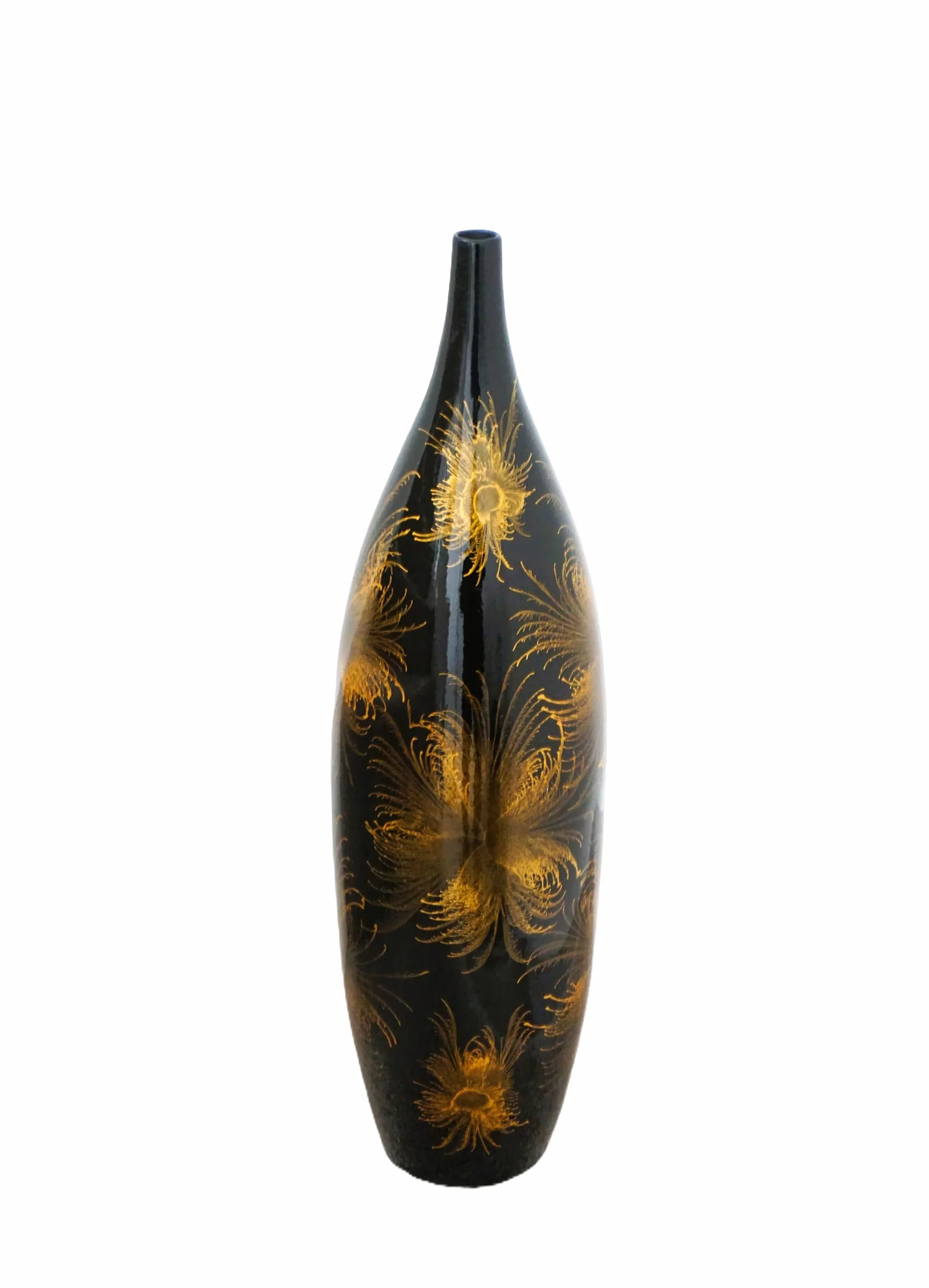 Elegante jarrón de cerámica negro con diseño de fuegos artificiales dorados, 51 cm, cuello estrecho, jarrón decorativo para sala de estar moderna decoración del hogar