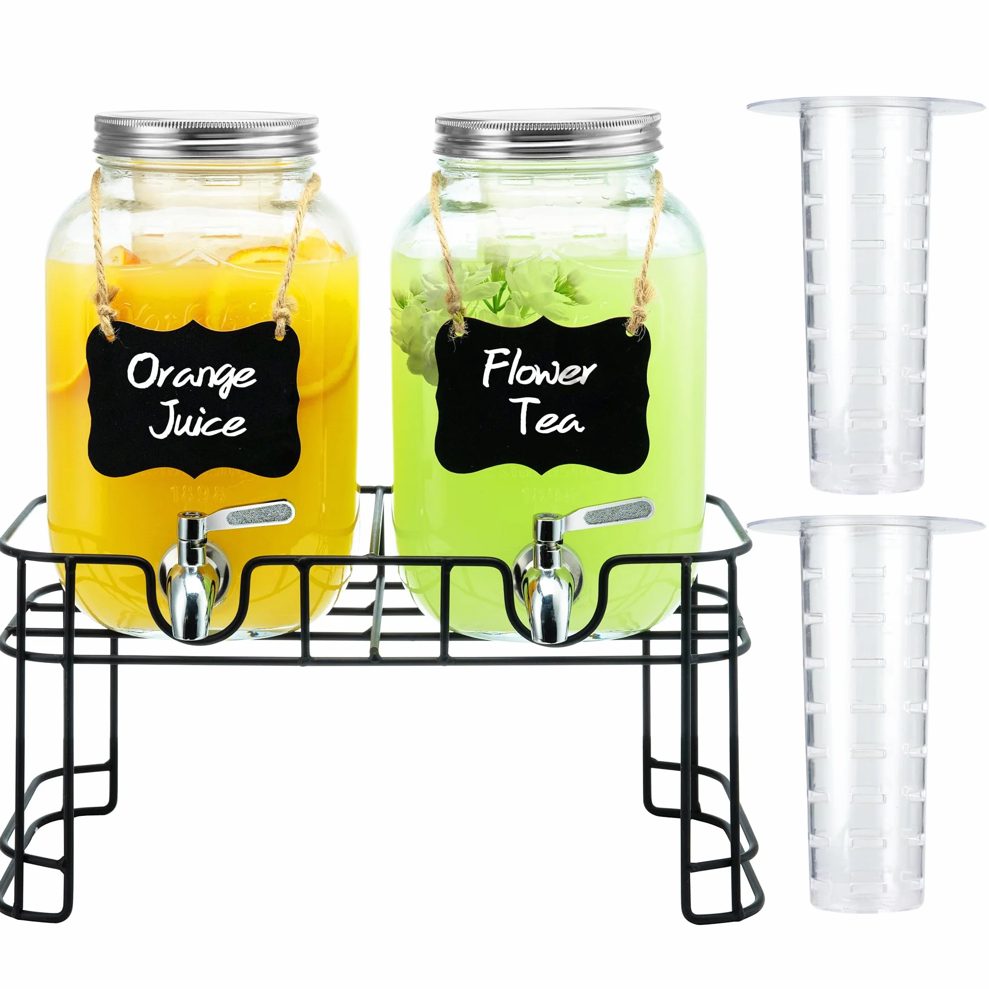 Dispensadores de bebidas de vidrio de 1 galón para fiestas, dispensador de bebidas con soporte, cilindro de hielo y espiga de acero inoxidable, 100% a prueba de fugas, dispensador de bebidas para